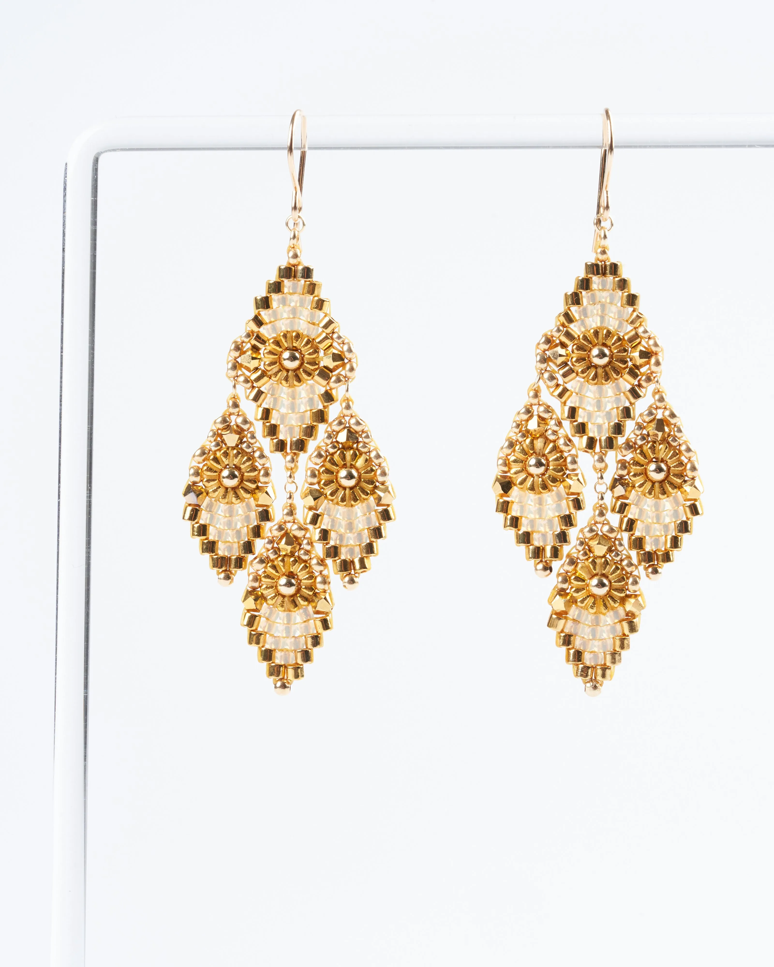 pyrite, miyuki, swarovski chandelier earrings - gold