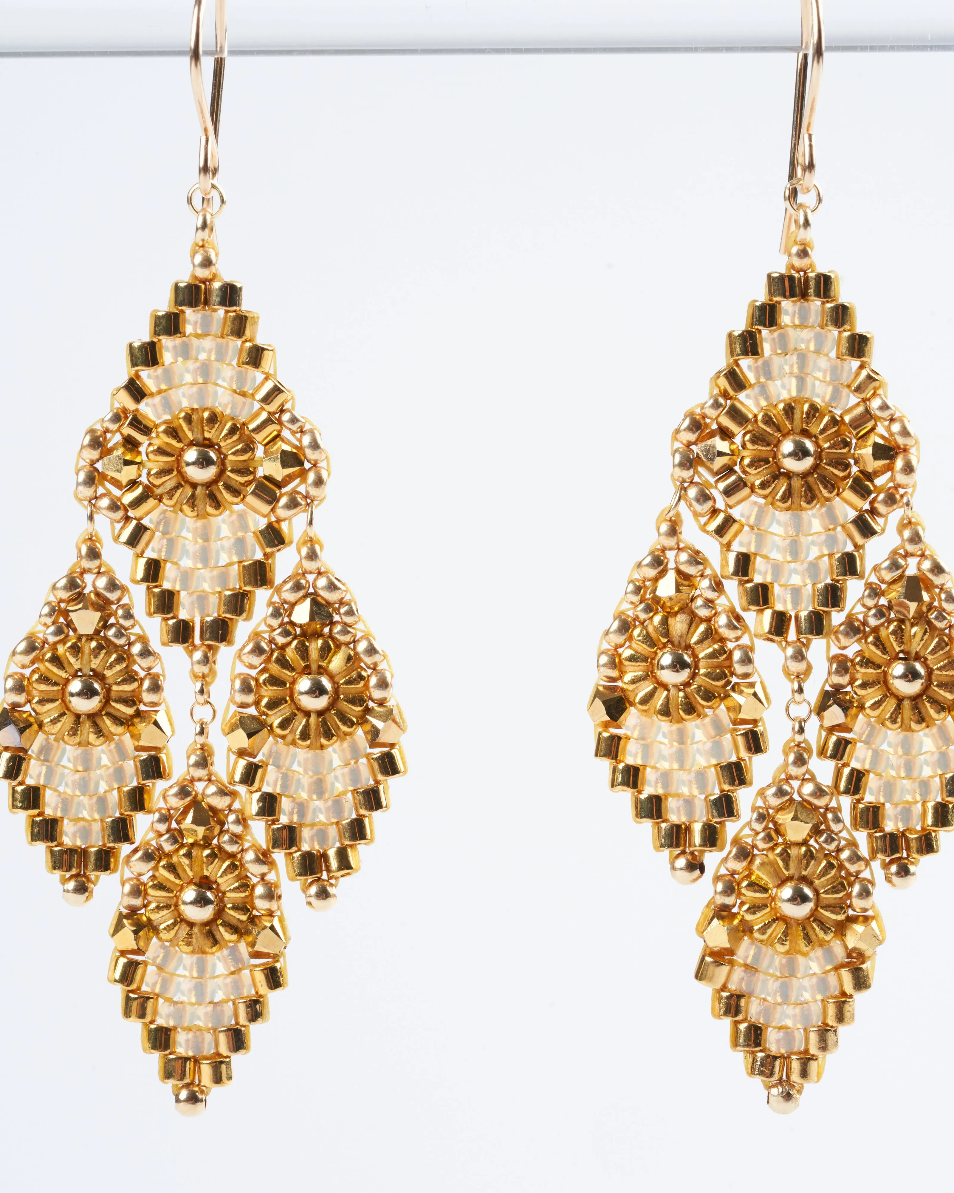 pyrite, miyuki, swarovski chandelier earrings - gold