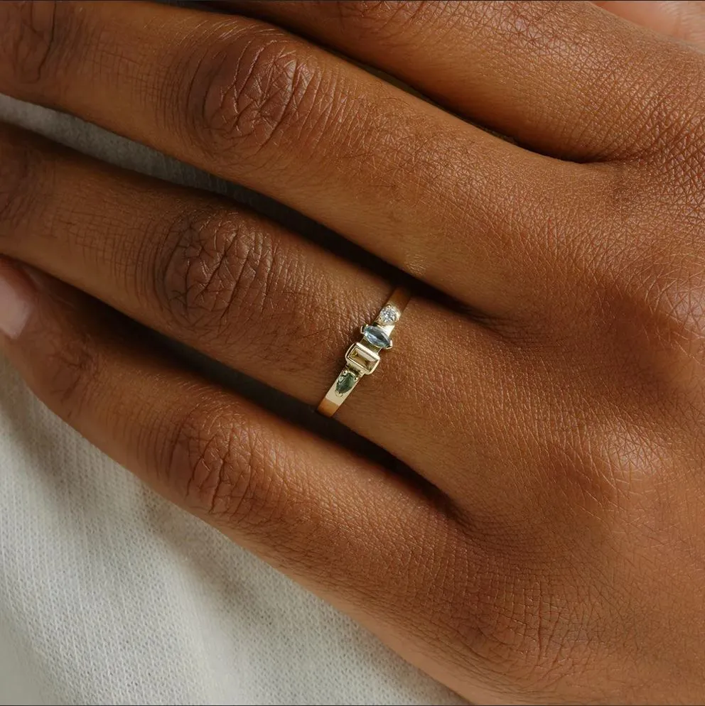 "AM PM - 7am" Ring with Diamond, Aquamarine, Yellow Sapphire, & Mint Tourmaline