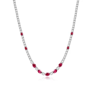 "Glamour Radiance" July Birthstone Fancy Cut Ruby Sterling Silver Tennis Necklace