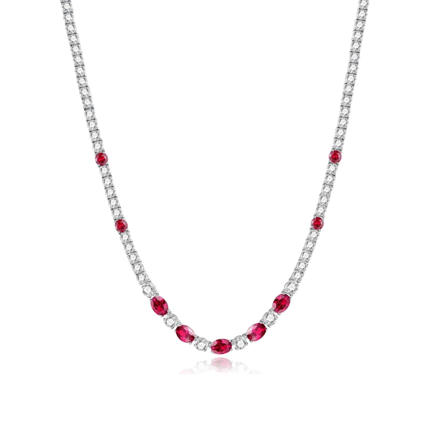 "Glamour Radiance" July Birthstone Fancy Cut Ruby Sterling Silver Tennis Necklace