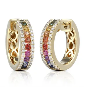 Rainbow Sapphire & Diamond Yellow Gold Hoop Earrings