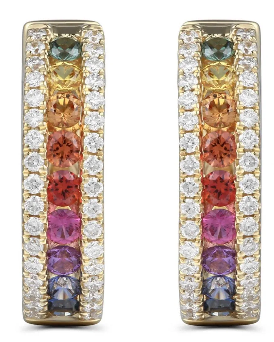 Rainbow Sapphire & Diamond Yellow Gold Hoop Earrings