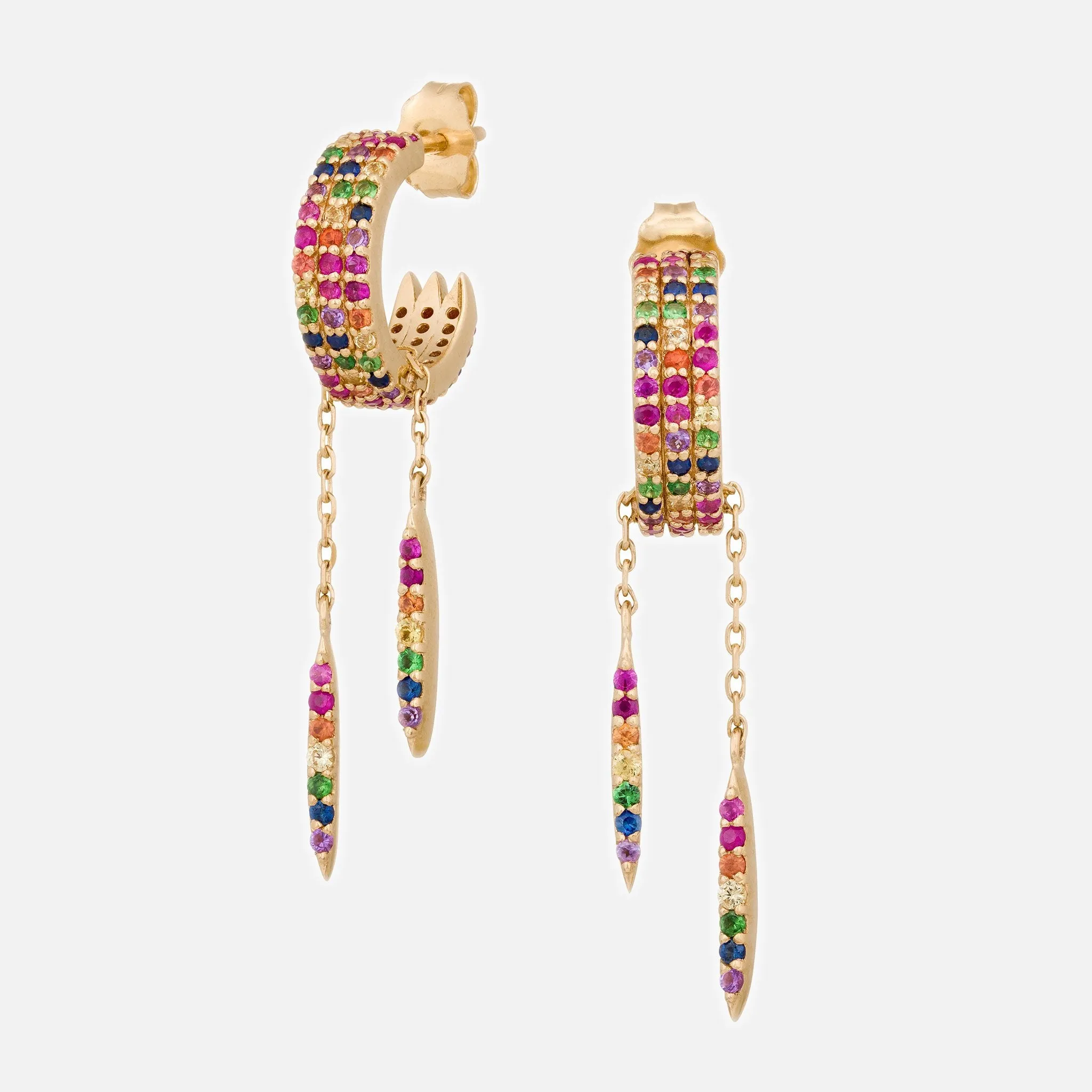 Rainbow Sapphires with Dangling Beams Hoop Earrings