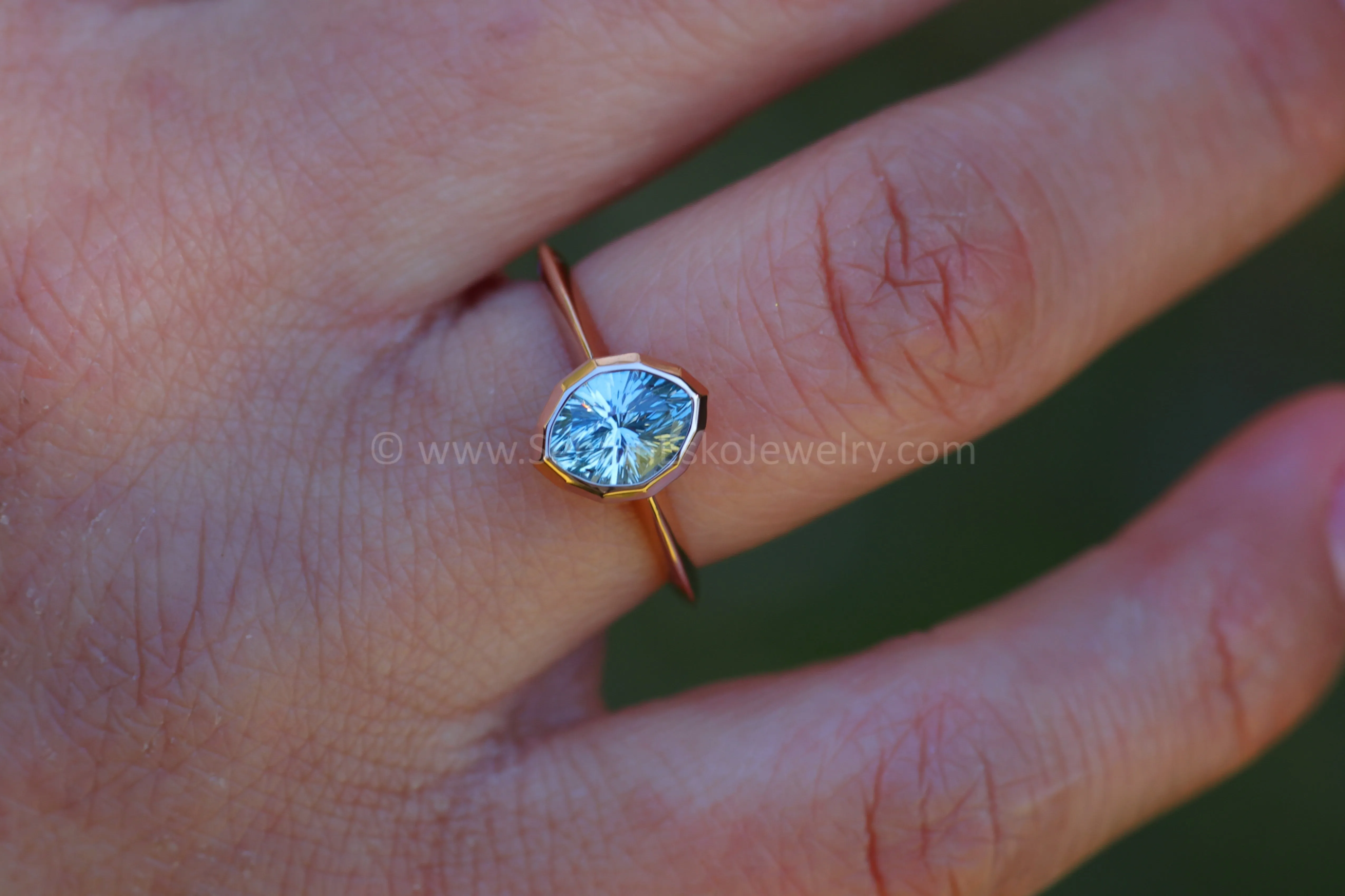 READY TO SHIP 1.4 Carat Blue Sapphire Navette Rose Gold Bezel Ring - Size 6.5
