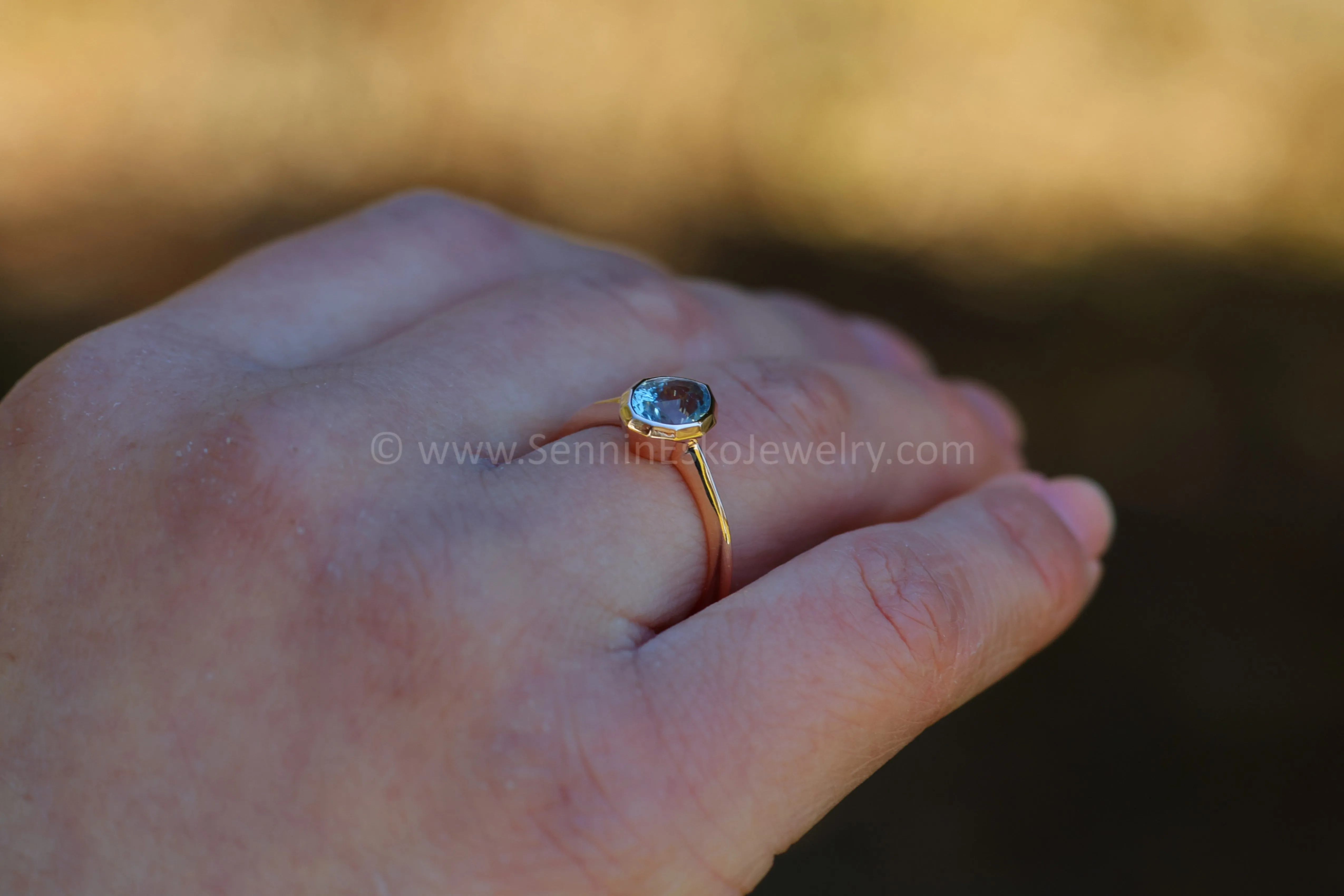 READY TO SHIP 1.4 Carat Blue Sapphire Navette Rose Gold Bezel Ring - Size 6.5