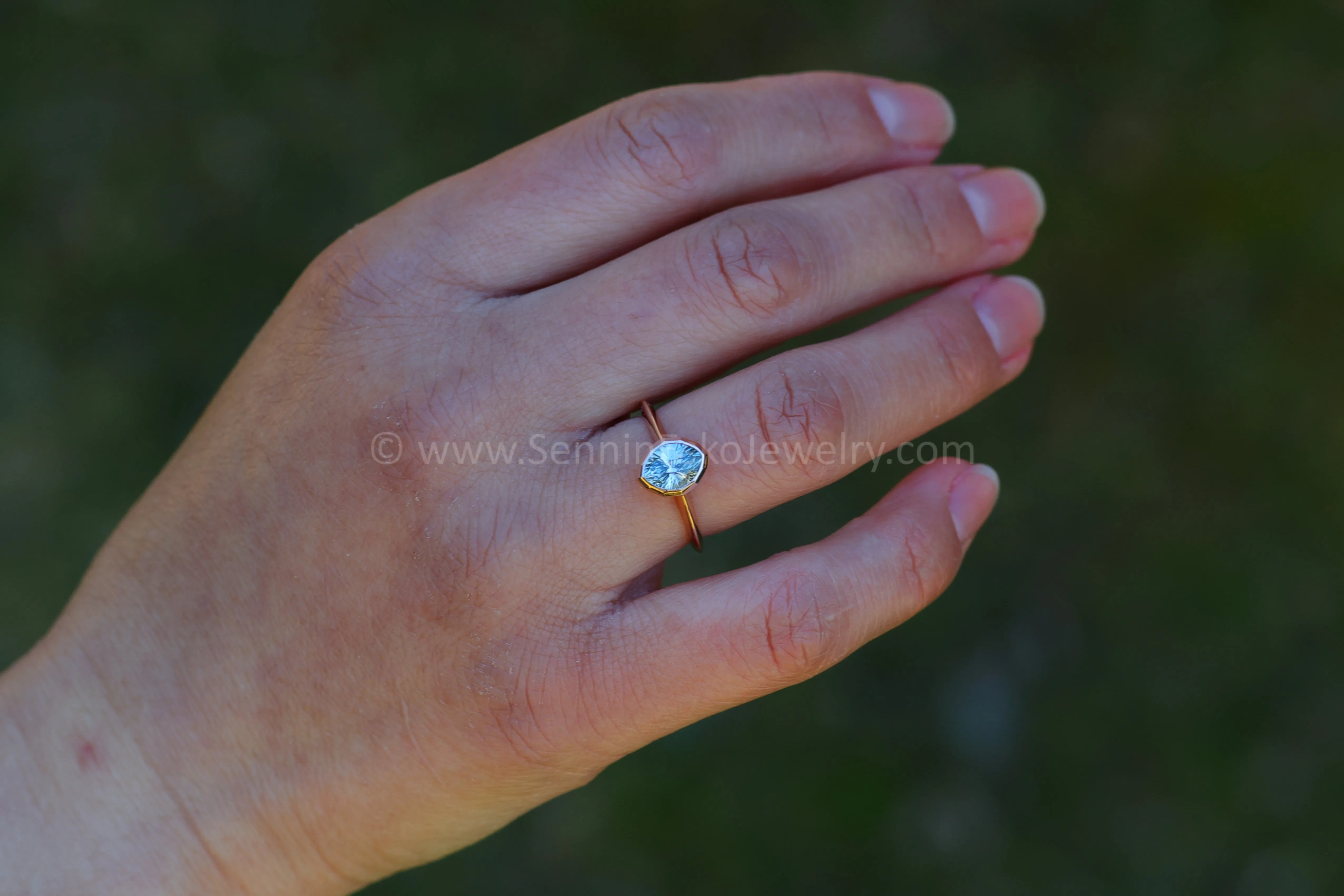READY TO SHIP 1.4 Carat Blue Sapphire Navette Rose Gold Bezel Ring - Size 6.5