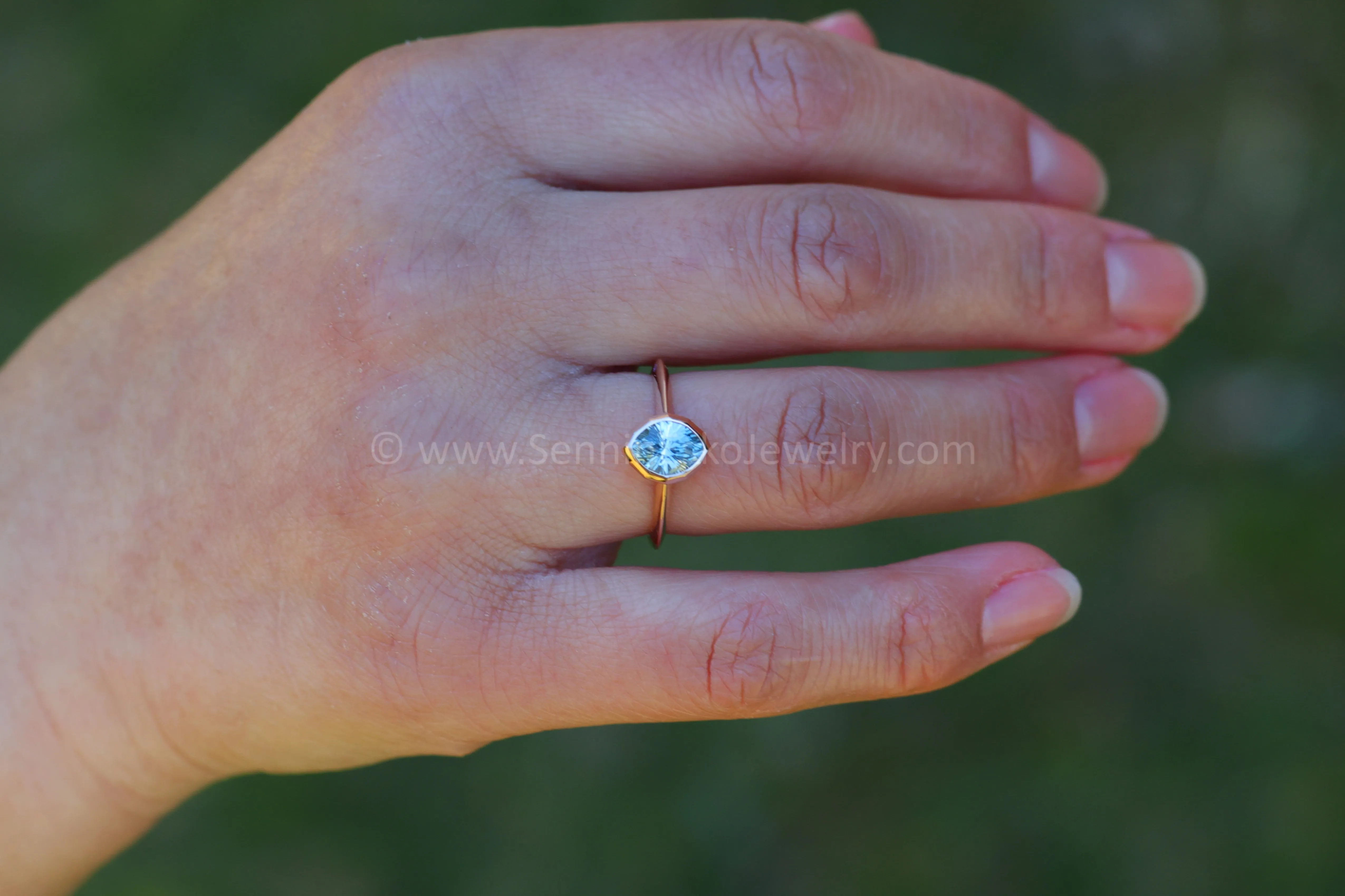 READY TO SHIP 1.4 Carat Blue Sapphire Navette Rose Gold Bezel Ring - Size 6.5