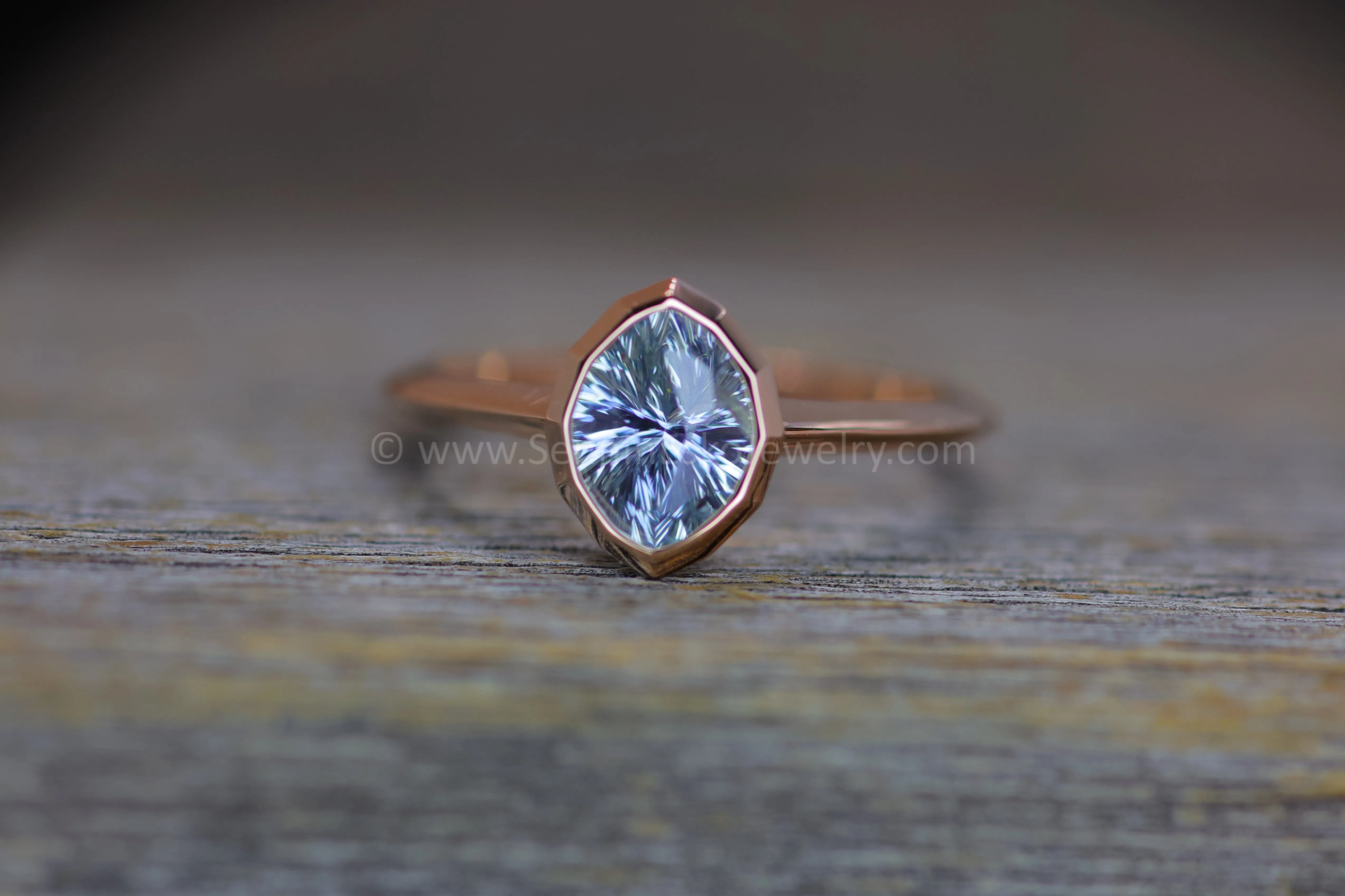 READY TO SHIP 1.4 Carat Blue Sapphire Navette Rose Gold Bezel Ring - Size 6.5