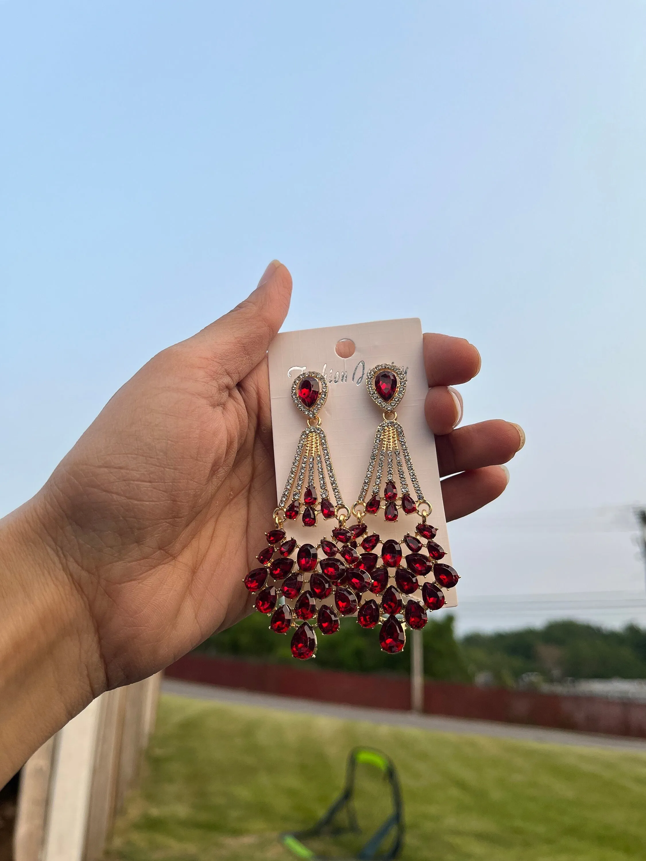 Red crystal earrings , large red rhinestone earrings , long red gold earrings , red party earrings , big red dressy earring