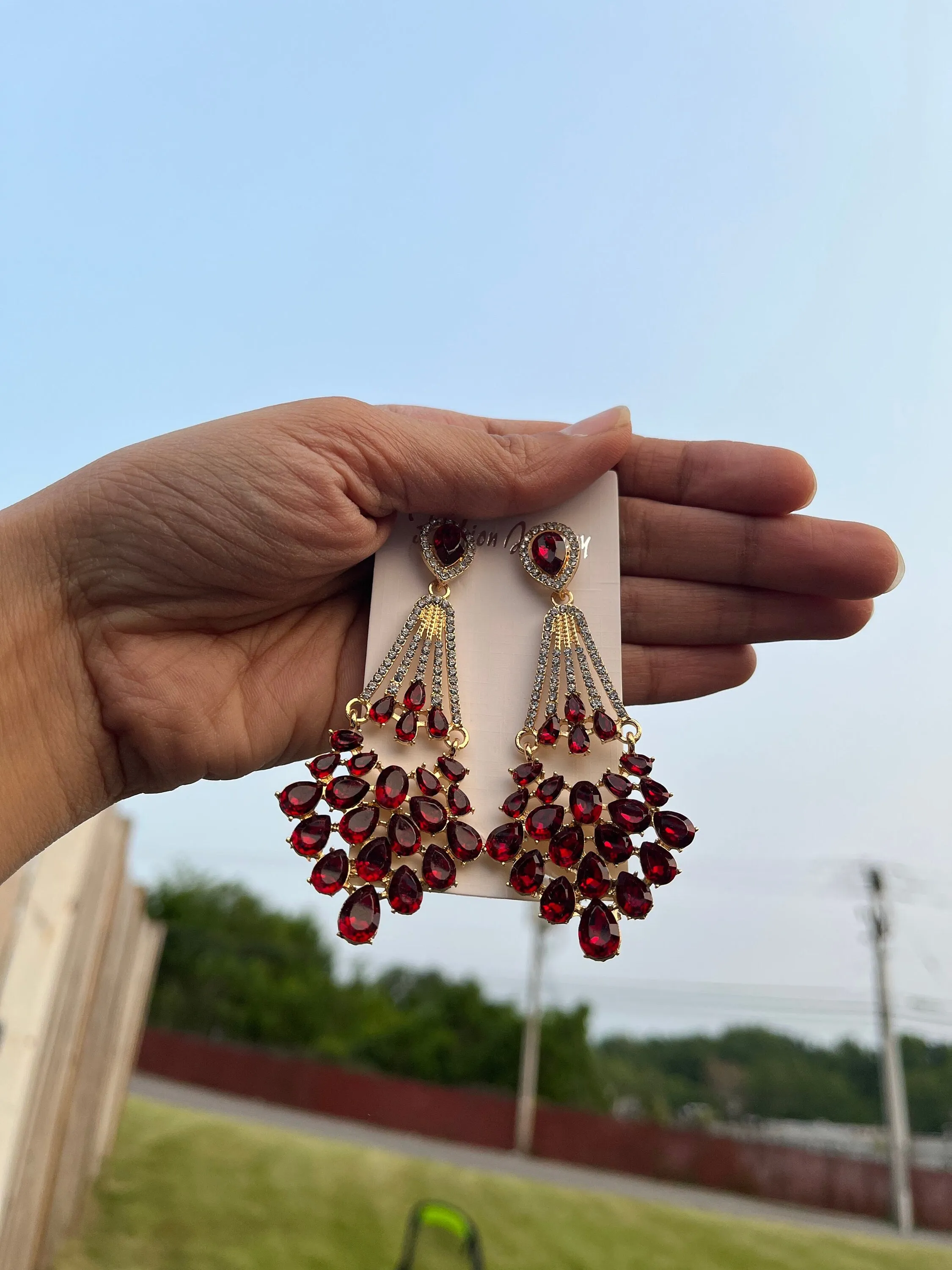 Red crystal earrings , large red rhinestone earrings , long red gold earrings , red party earrings , big red dressy earring