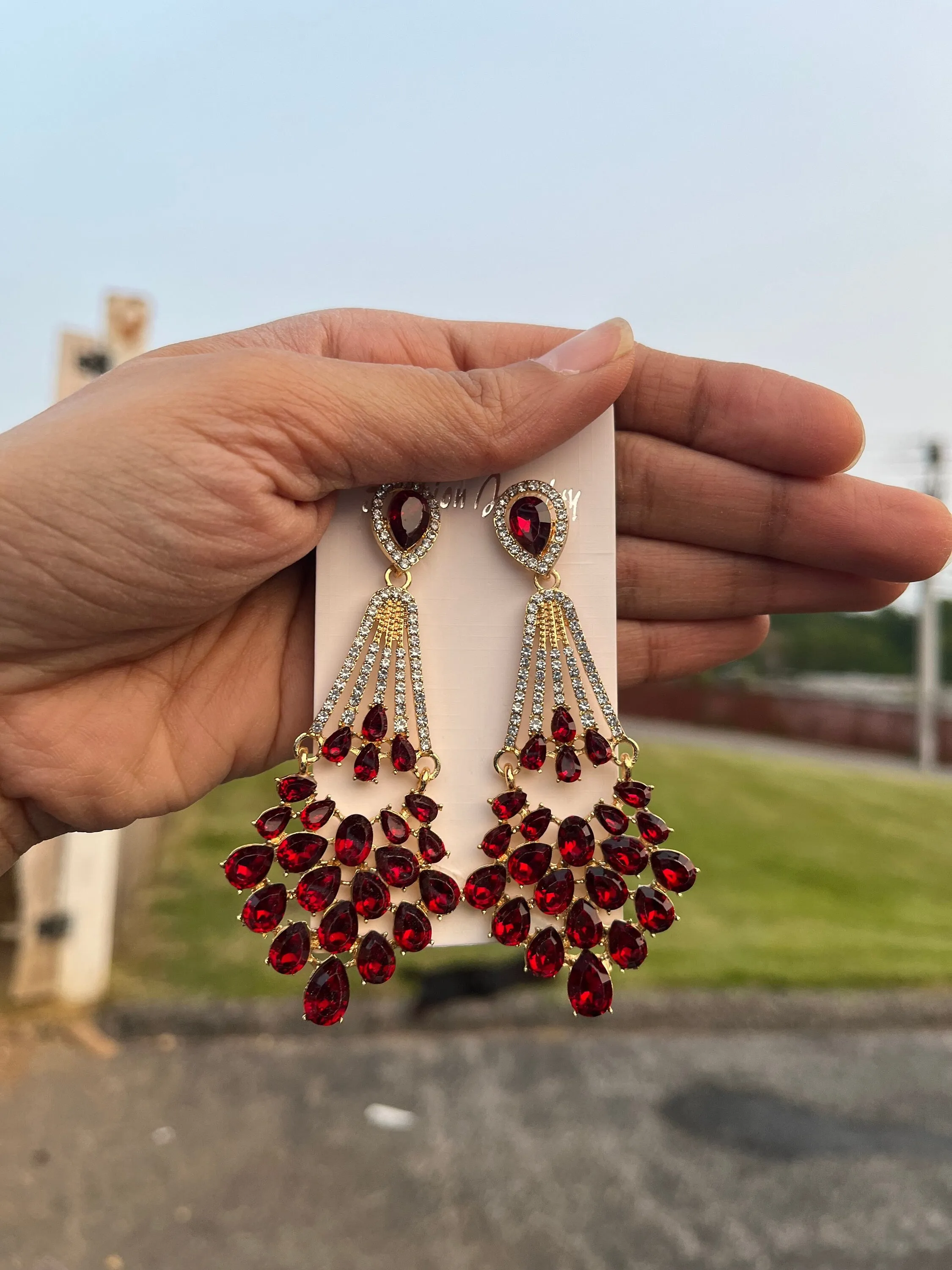 Red crystal earrings , large red rhinestone earrings , long red gold earrings , red party earrings , big red dressy earring