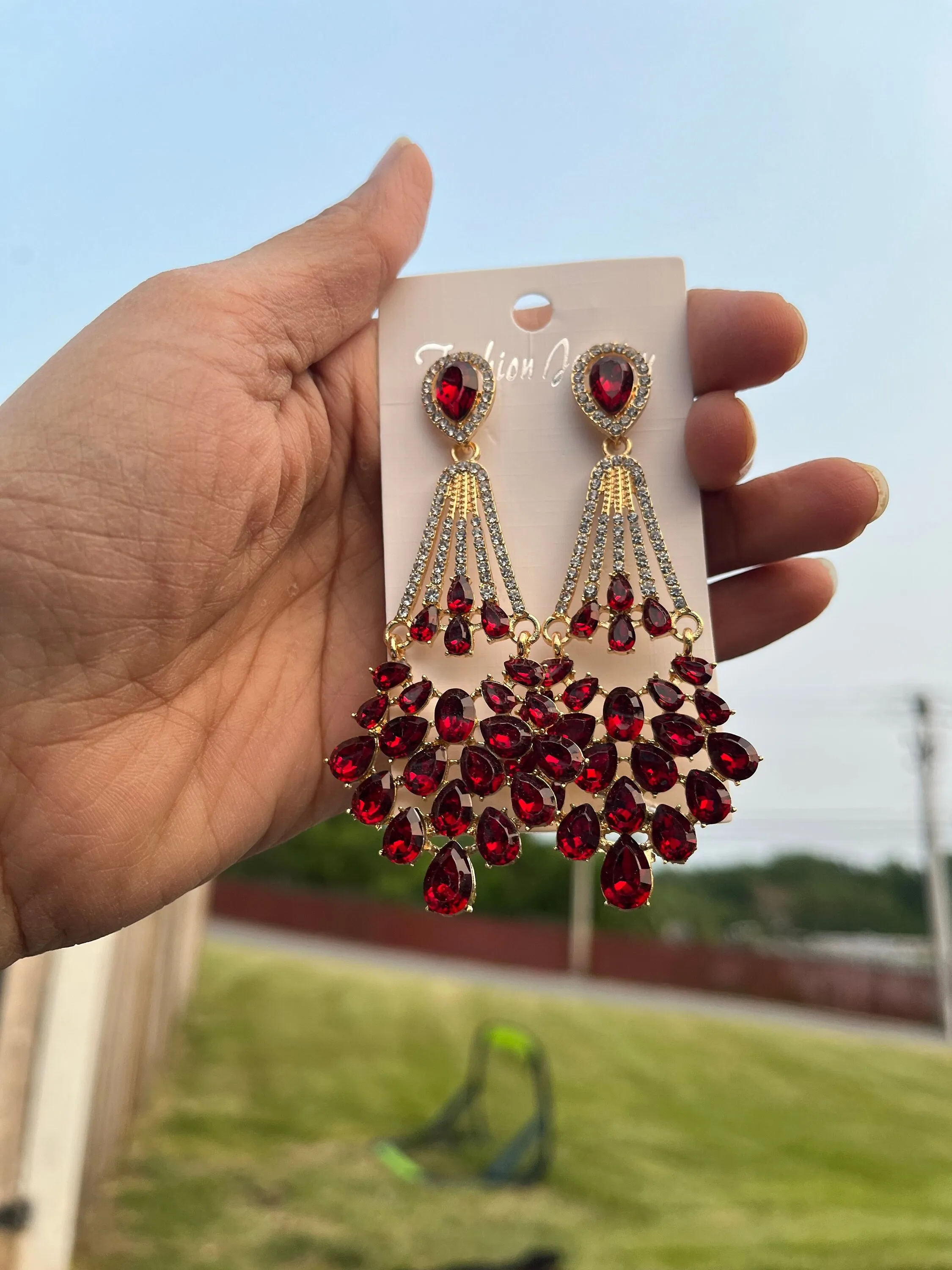 Red crystal earrings , large red rhinestone earrings , long red gold earrings , red party earrings , big red dressy earring