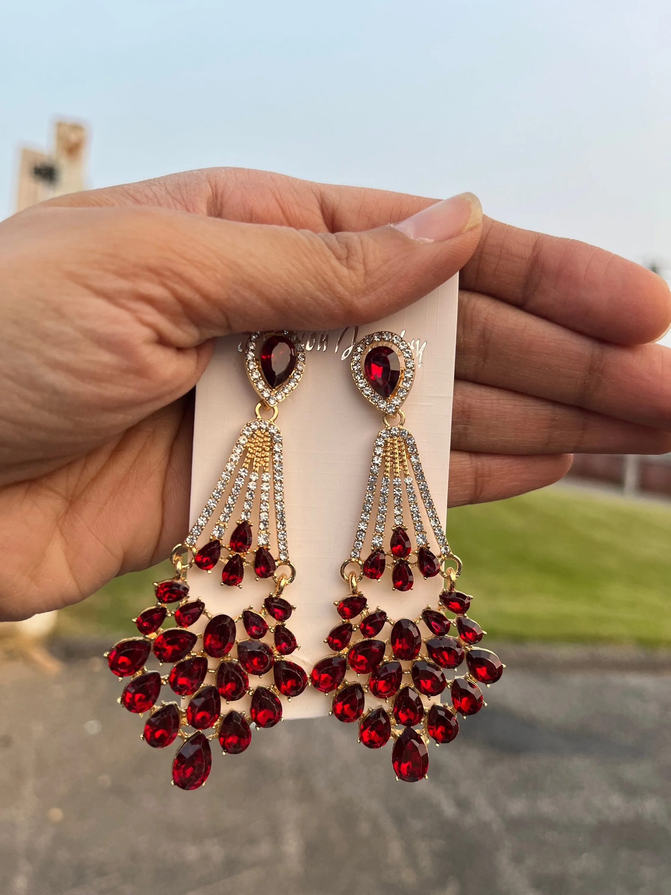 Red crystal earrings , large red rhinestone earrings , long red gold earrings , red party earrings , big red dressy earring