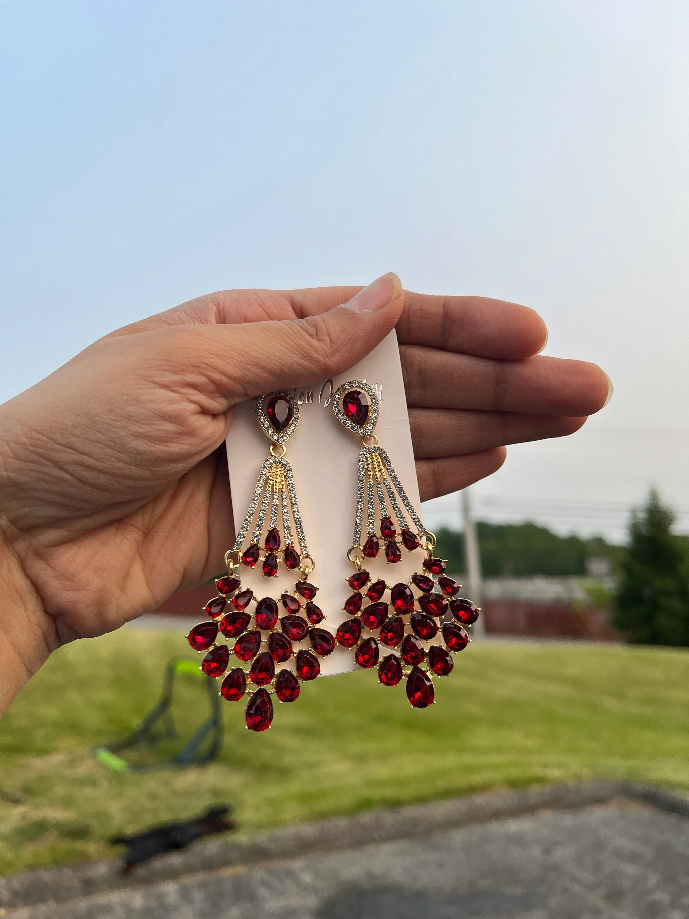 Red crystal earrings , large red rhinestone earrings , long red gold earrings , red party earrings , big red dressy earring