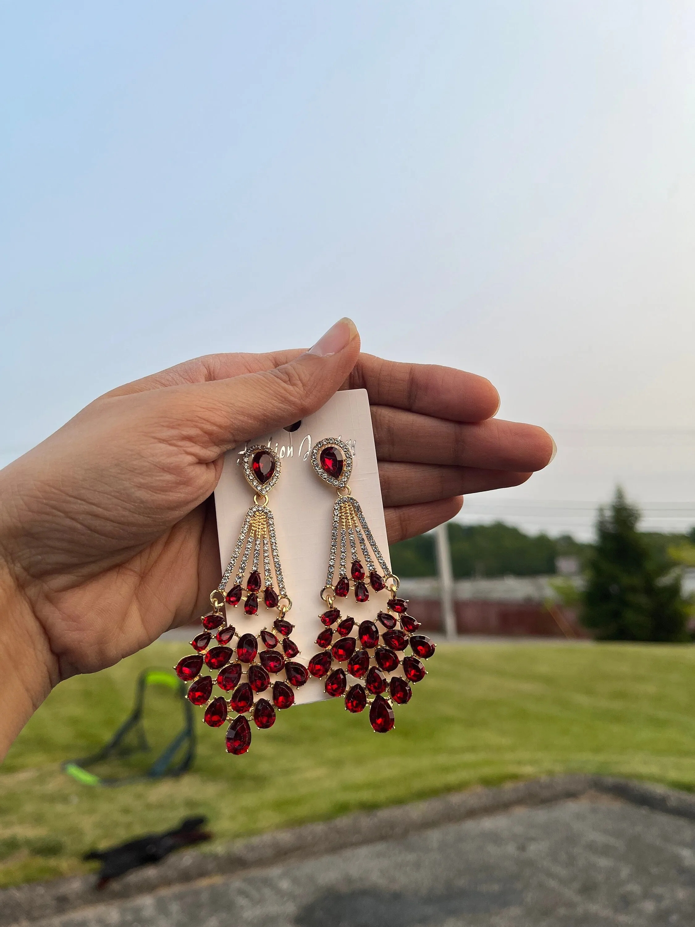 Red crystal earrings , large red rhinestone earrings , long red gold earrings , red party earrings , big red dressy earring
