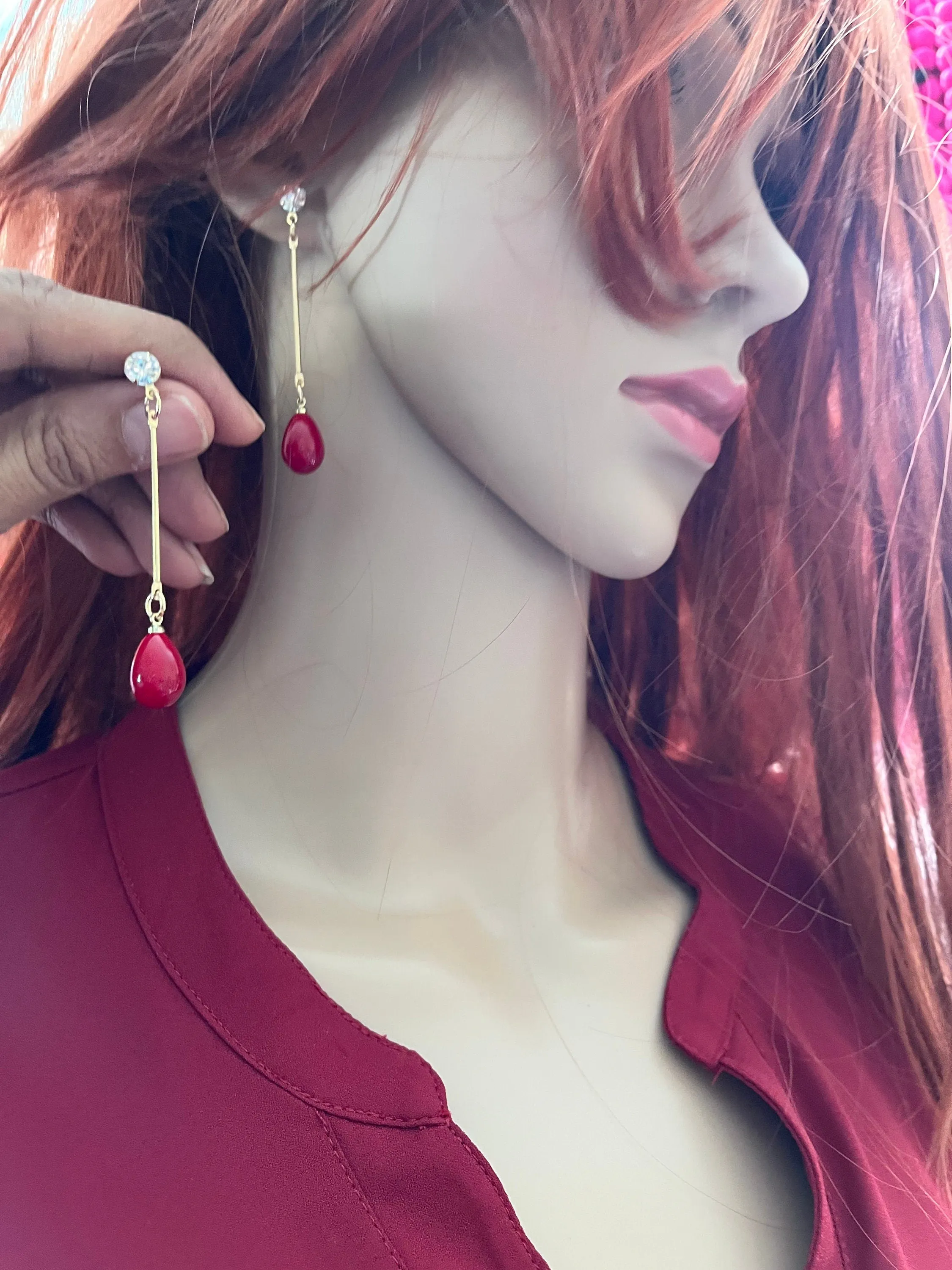 Red drop earrings , red gold earrings ,gold red teardrop earrings , red chandelier  , long red earrings rhinestone