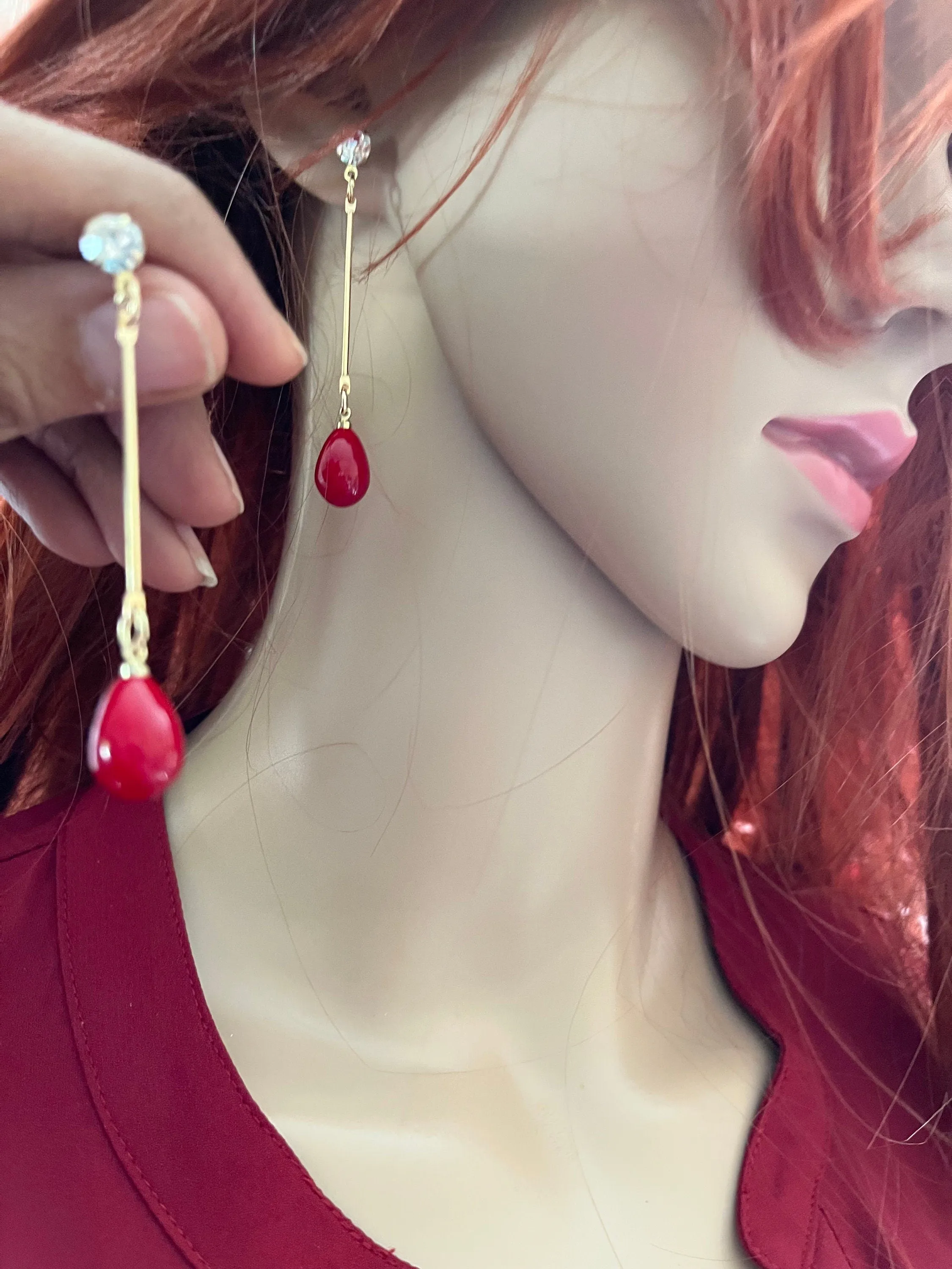 Red drop earrings , red gold earrings ,gold red teardrop earrings , red chandelier  , long red earrings rhinestone
