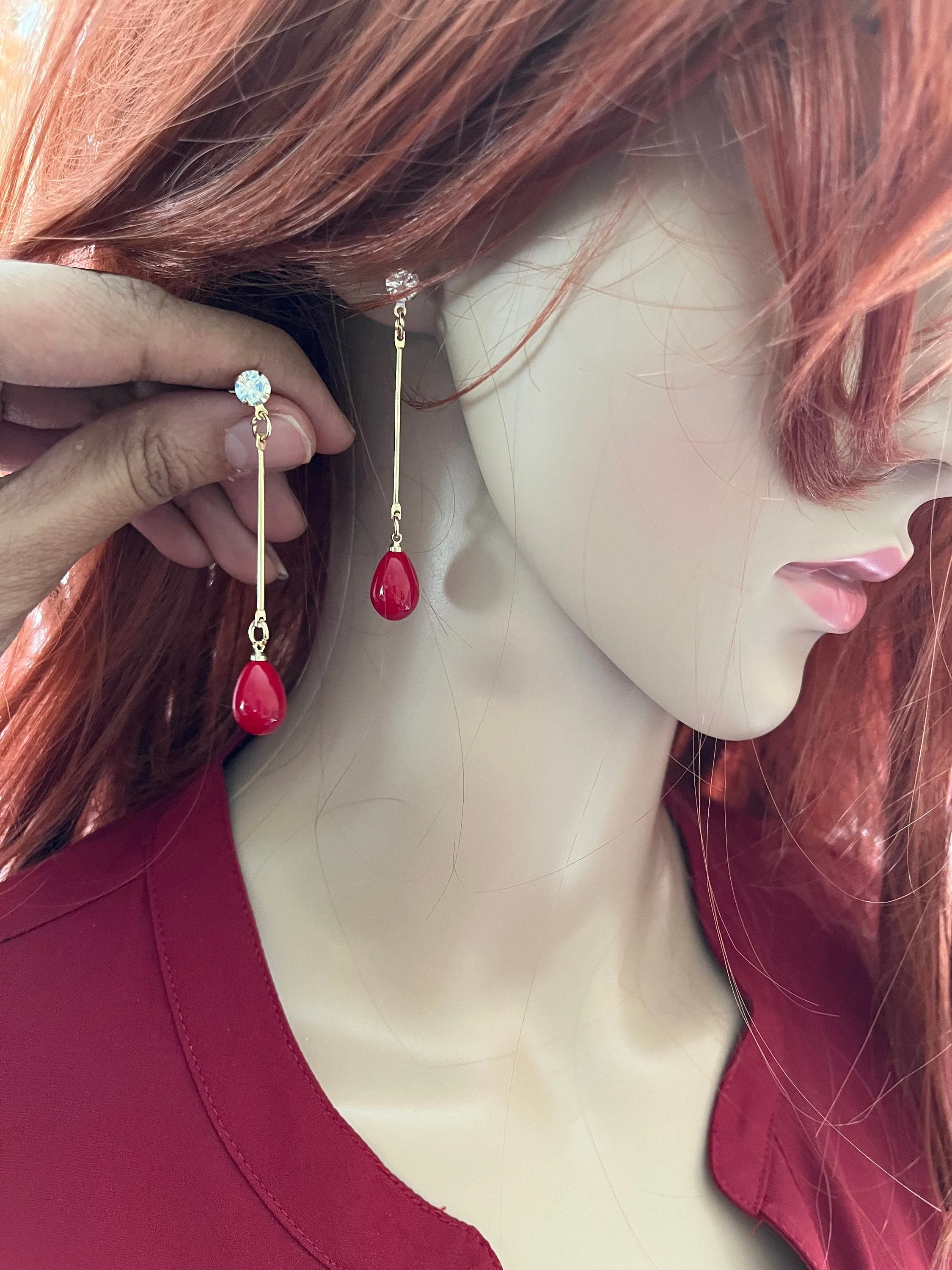 Red drop earrings , red gold earrings ,gold red teardrop earrings , red chandelier  , long red earrings rhinestone