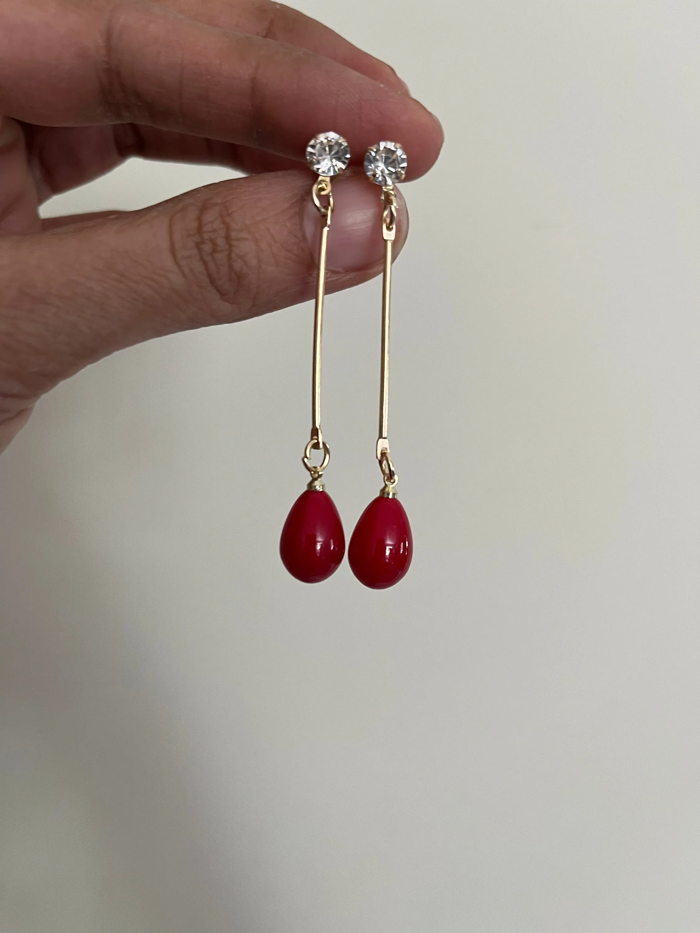 Red drop earrings , red gold earrings ,gold red teardrop earrings , red chandelier  , long red earrings rhinestone