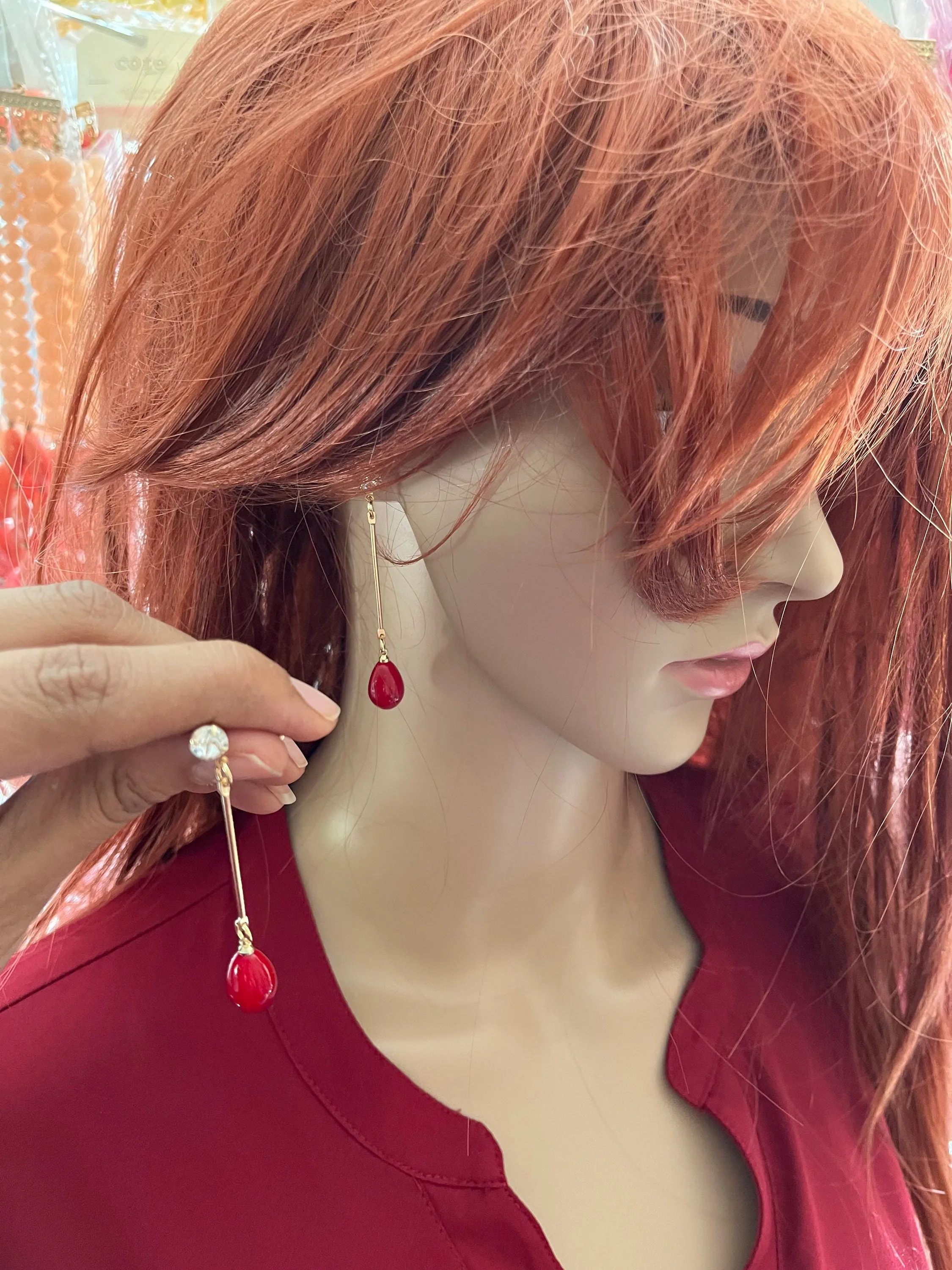 Red drop earrings , red gold earrings ,gold red teardrop earrings , red chandelier  , long red earrings rhinestone