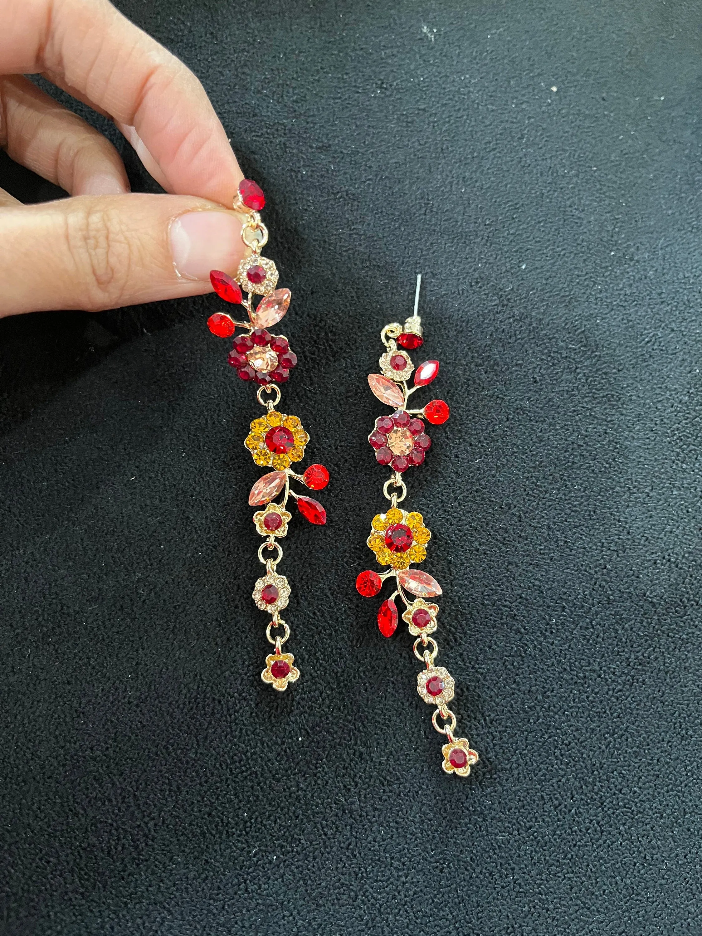 Red flower earrings , red rose earrings ,gold vine  red flower earrings , red chandelier  , long red earrings rhinestone