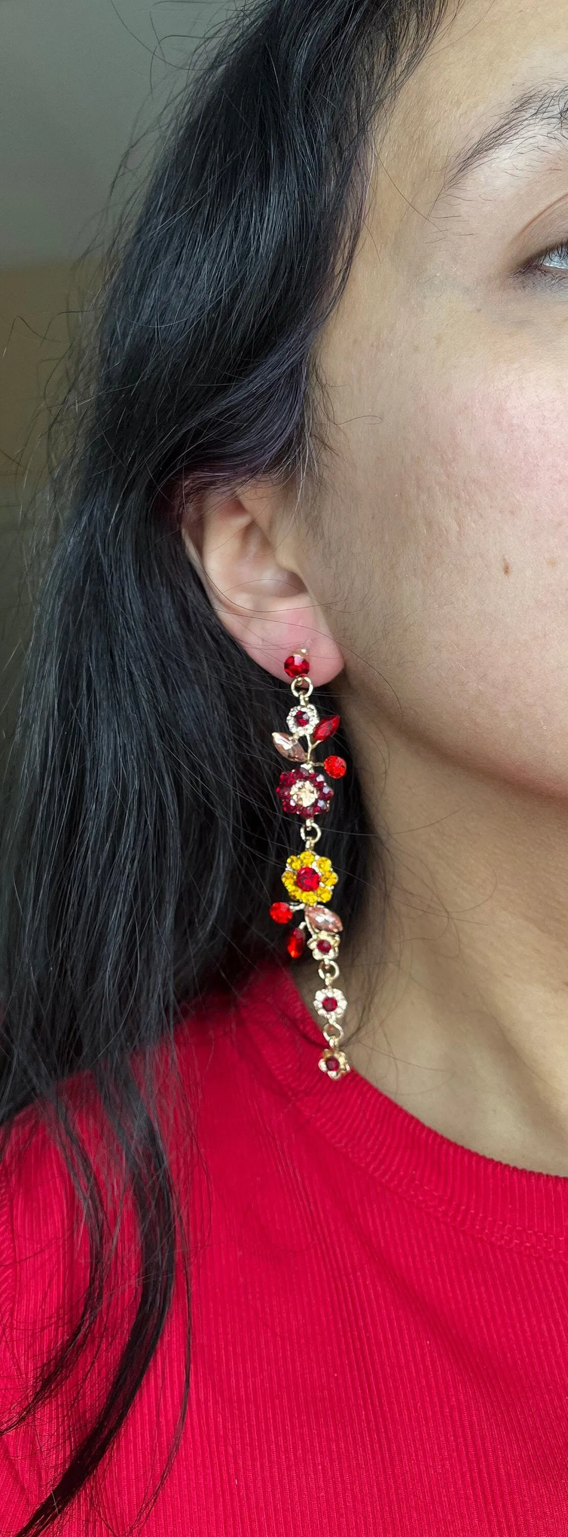 Red flower earrings , red rose earrings ,gold vine  red flower earrings , red chandelier  , long red earrings rhinestone