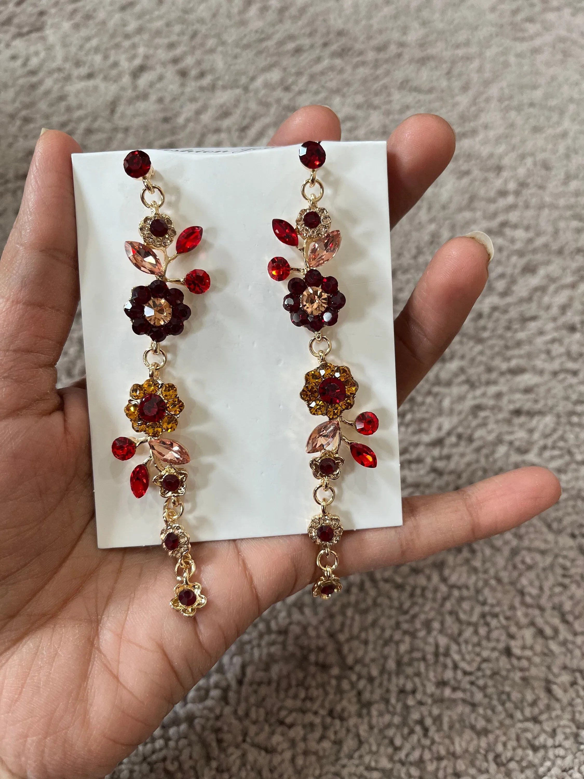 Red flower earrings , red rose earrings ,gold vine  red flower earrings , red chandelier  , long red earrings rhinestone