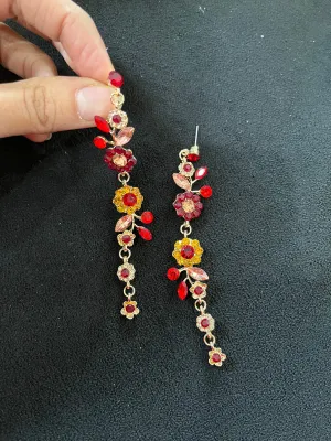 Red flower earrings , red rose earrings ,gold vine  red flower earrings , red chandelier  , long red earrings rhinestone