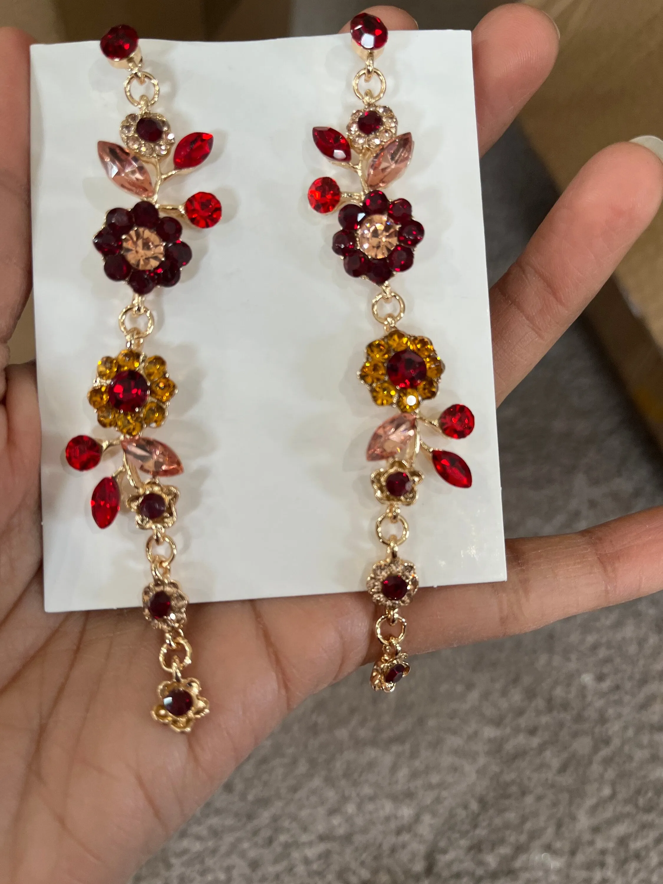 Red flower earrings , red rose earrings ,gold vine  red flower earrings , red chandelier  , long red earrings rhinestone