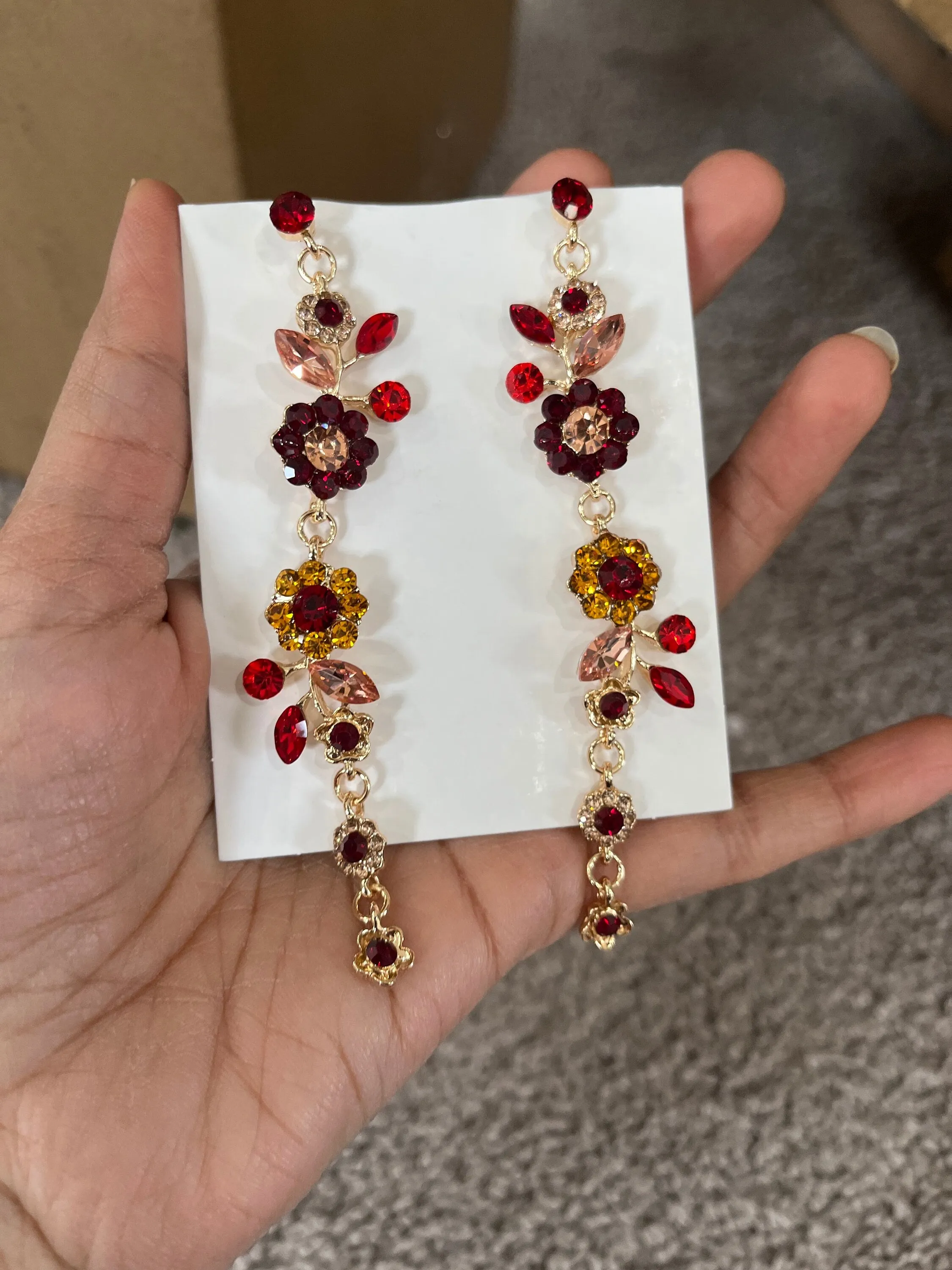 Red flower earrings , red rose earrings ,gold vine  red flower earrings , red chandelier  , long red earrings rhinestone