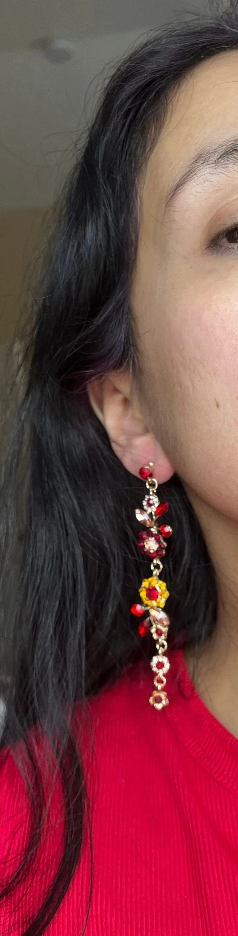Red flower earrings , red rose earrings ,gold vine  red flower earrings , red chandelier  , long red earrings rhinestone
