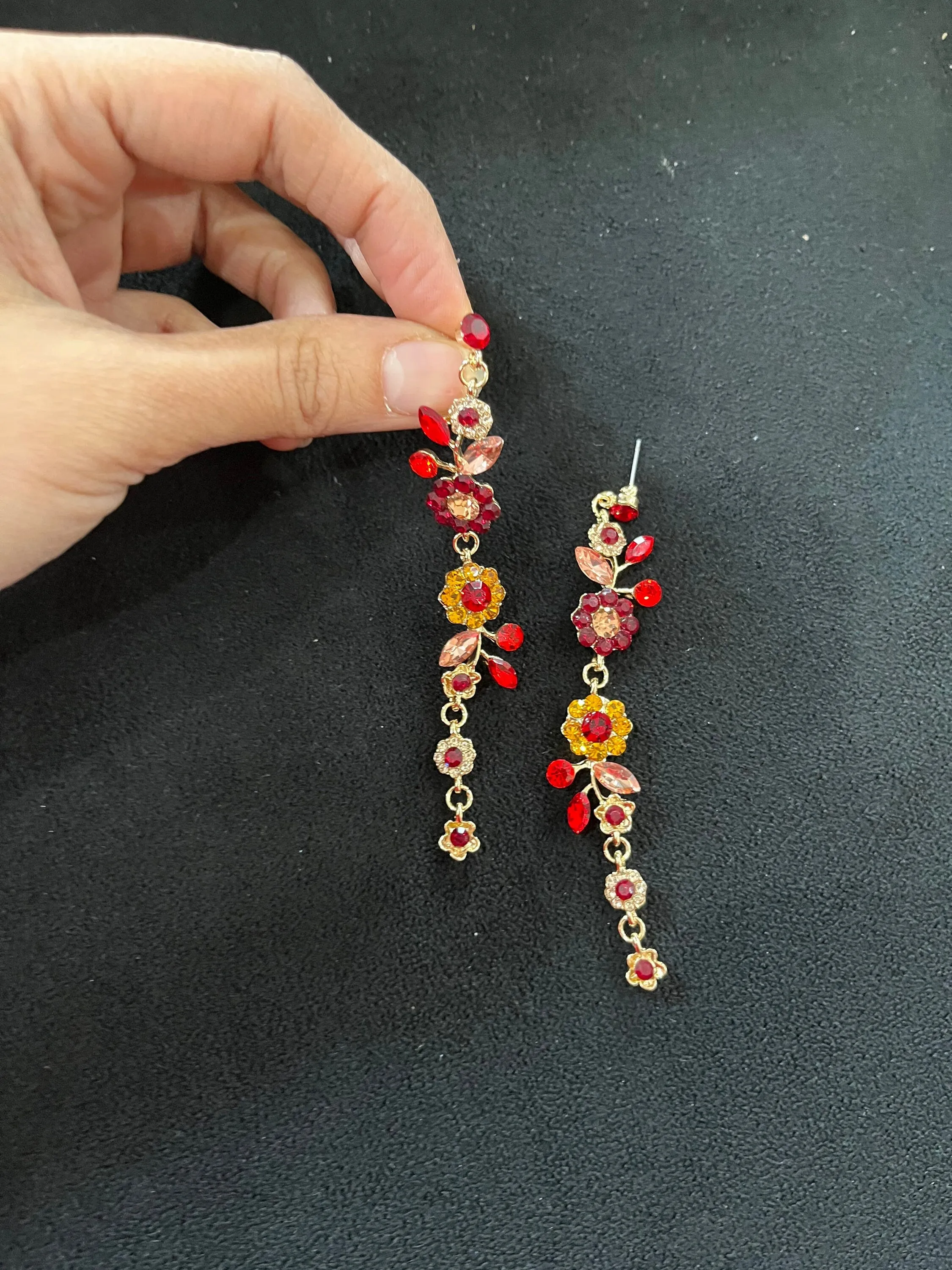 Red flower earrings , red rose earrings ,gold vine  red flower earrings , red chandelier  , long red earrings rhinestone