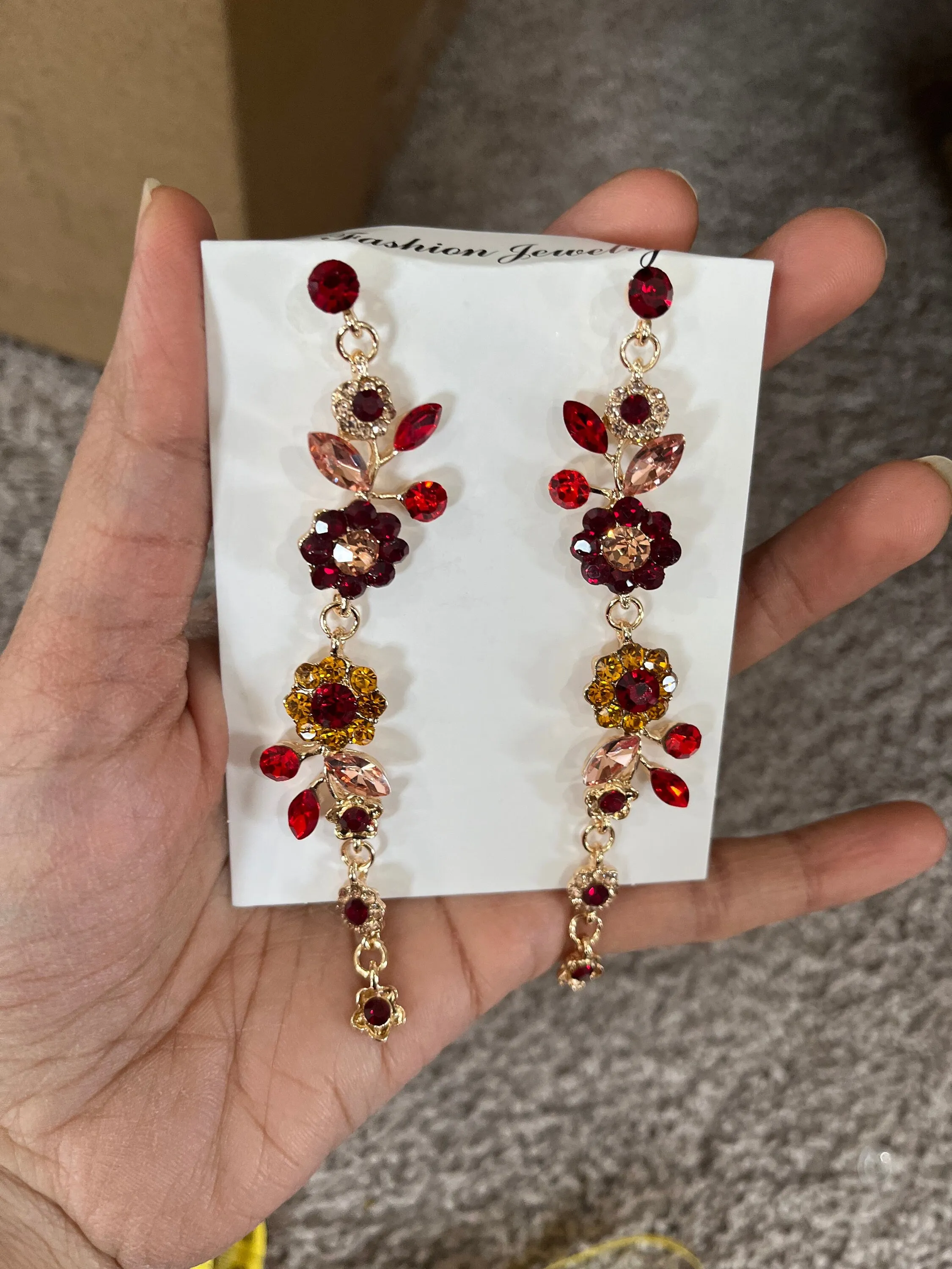 Red flower earrings , red rose earrings ,gold vine  red flower earrings , red chandelier  , long red earrings rhinestone