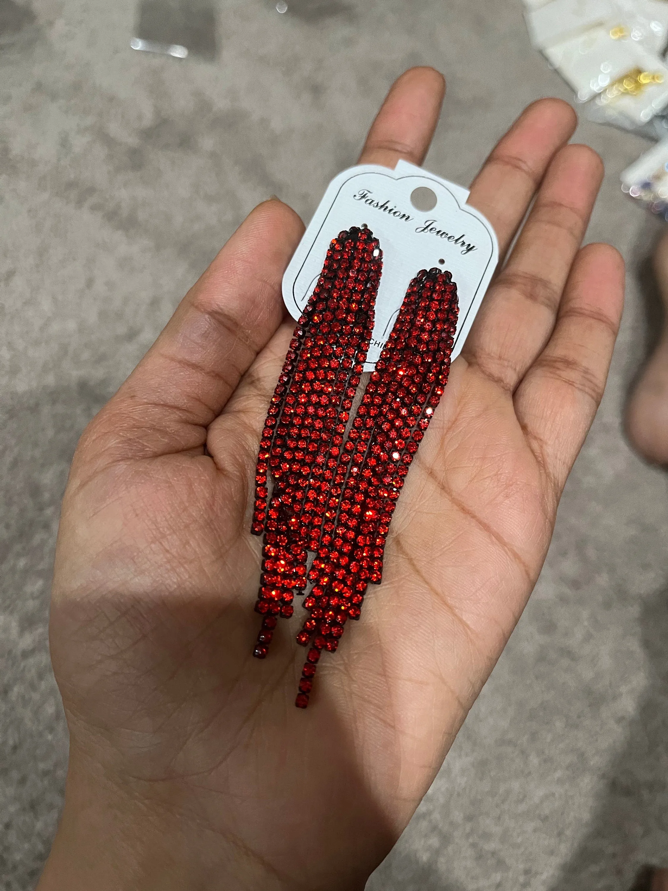 Red fringe earrings , red rhinestone earrings , long red crystal earrings , red party earrings , red dressy earring