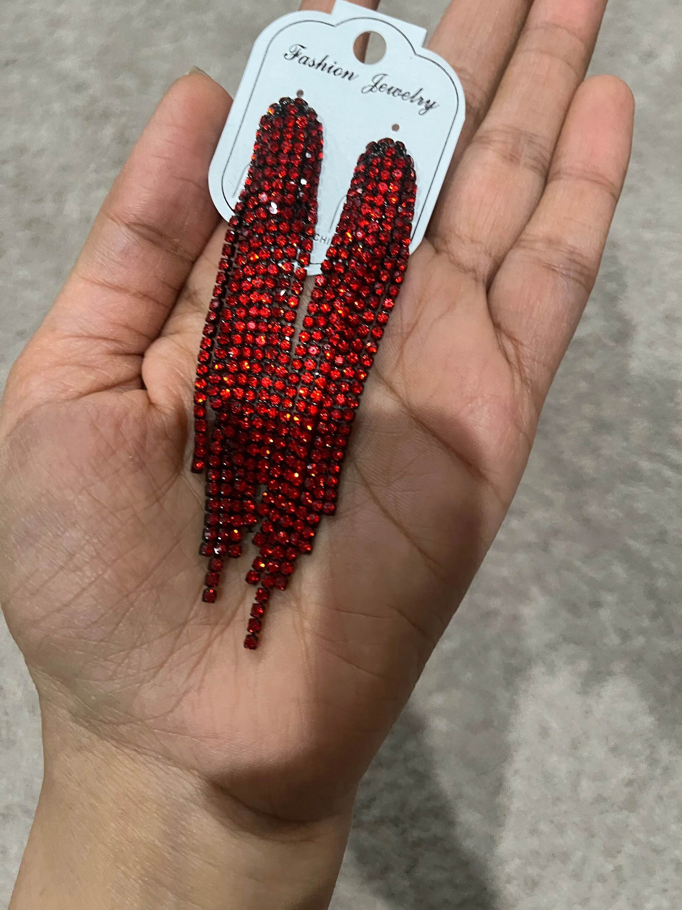 Red fringe earrings , red rhinestone earrings , long red crystal earrings , red party earrings , red dressy earring