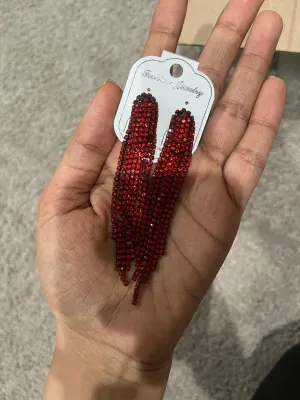 Red fringe earrings , red rhinestone earrings , long red crystal earrings , red party earrings , red dressy earring