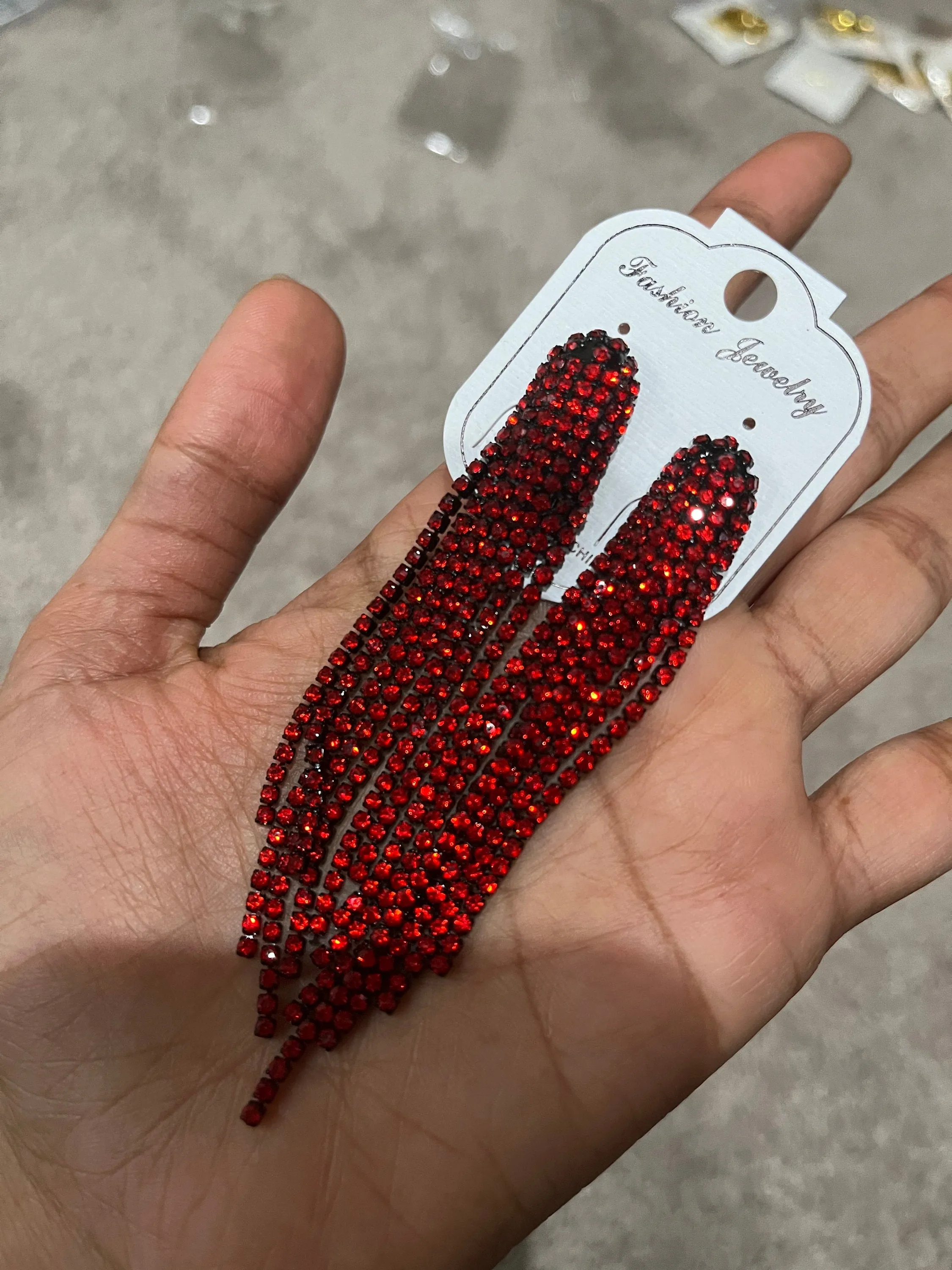 Red fringe earrings , red rhinestone earrings , long red crystal earrings , red party earrings , red dressy earring