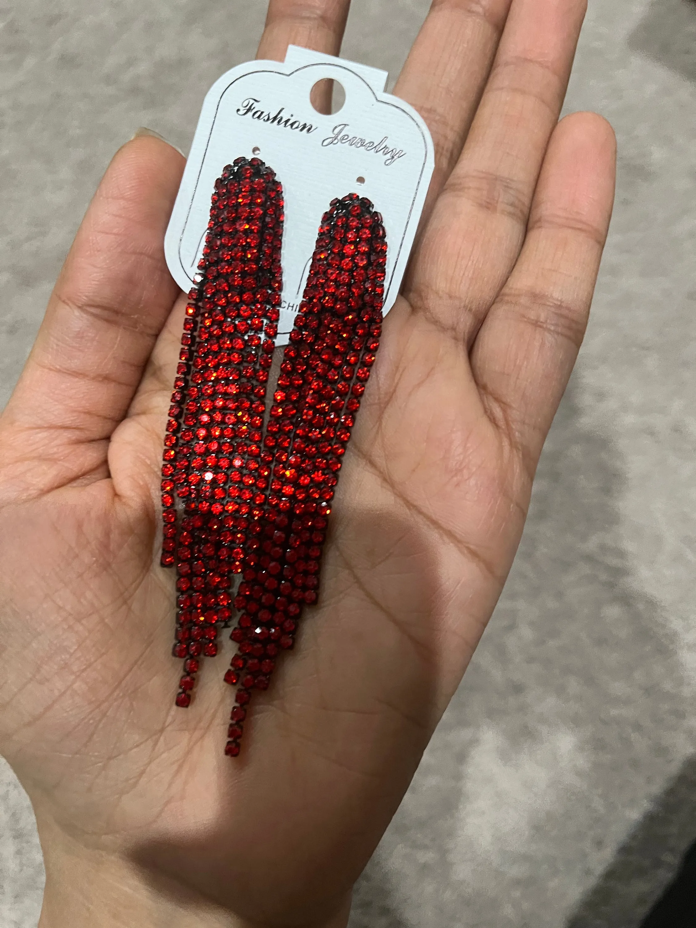Red fringe earrings , red rhinestone earrings , long red crystal earrings , red party earrings , red dressy earring