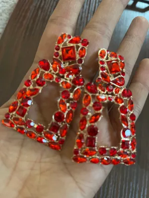 Red Rhinestone earrings , big red gold earrings , long red crystal earrings , red gold party earrings , Big