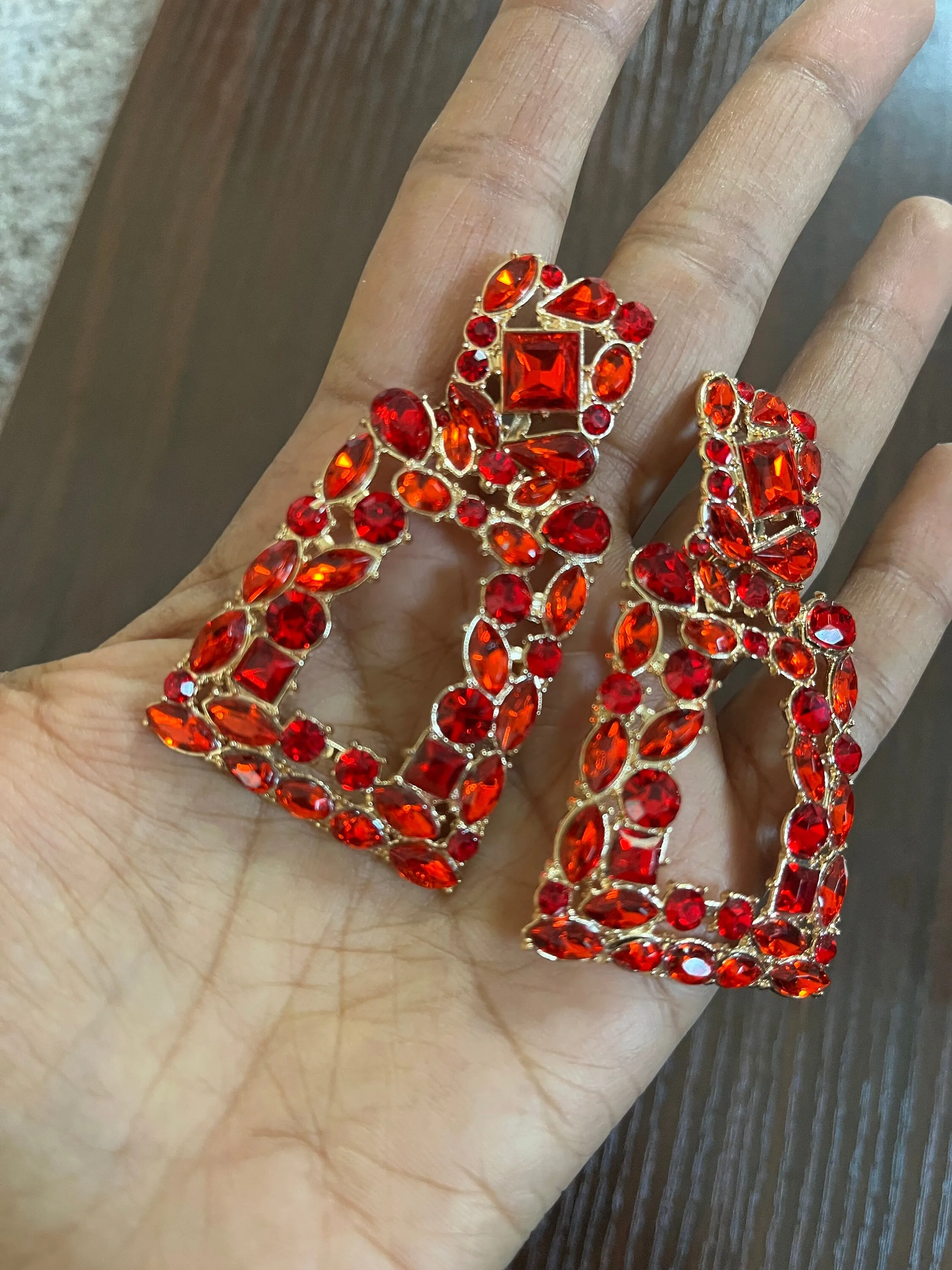 Red Rhinestone earrings , big red gold earrings , long red crystal earrings , red gold party earrings , Big