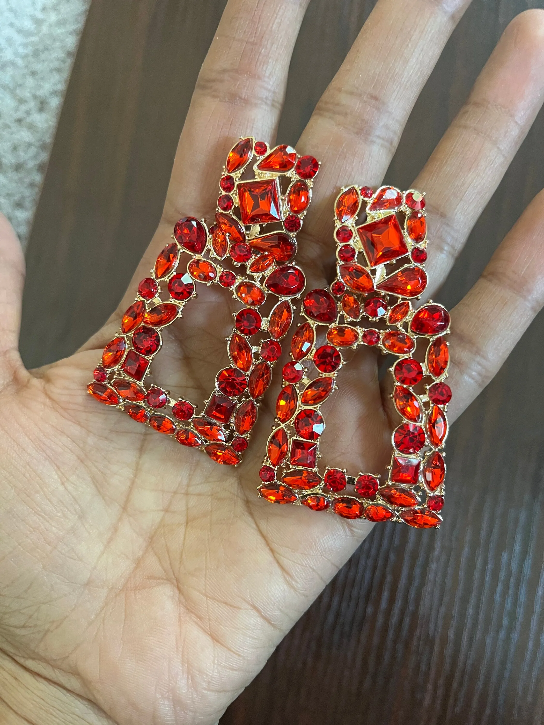Red Rhinestone earrings , big red gold earrings , long red crystal earrings , red gold party earrings , Big