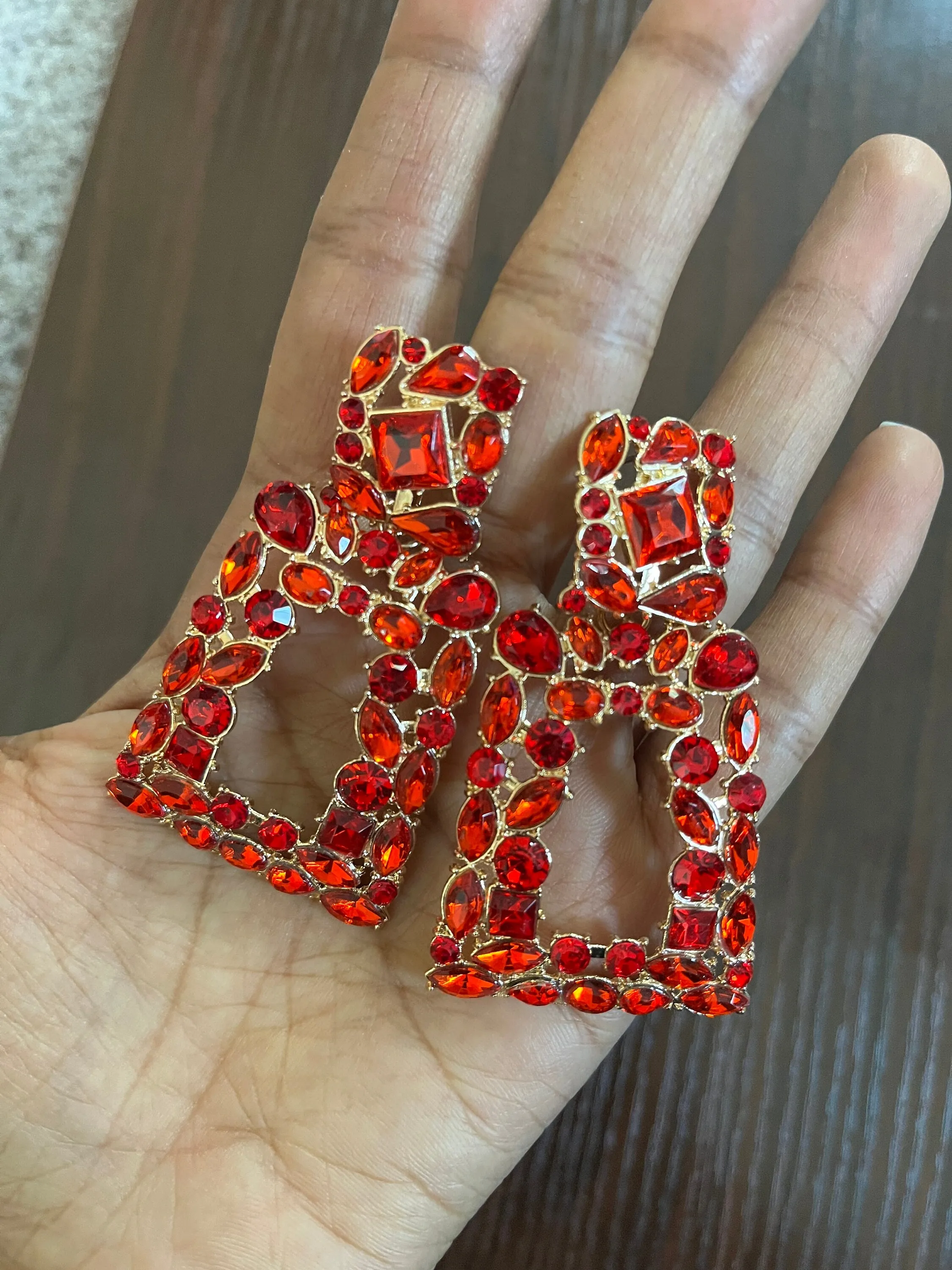 Red Rhinestone earrings , big red gold earrings , long red crystal earrings , red gold party earrings , Big