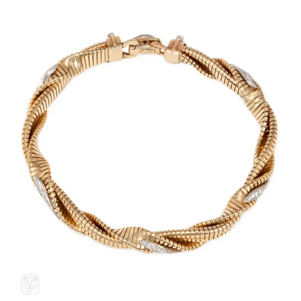 Retro gold and diamond gaspipe bracelet, Tiffany