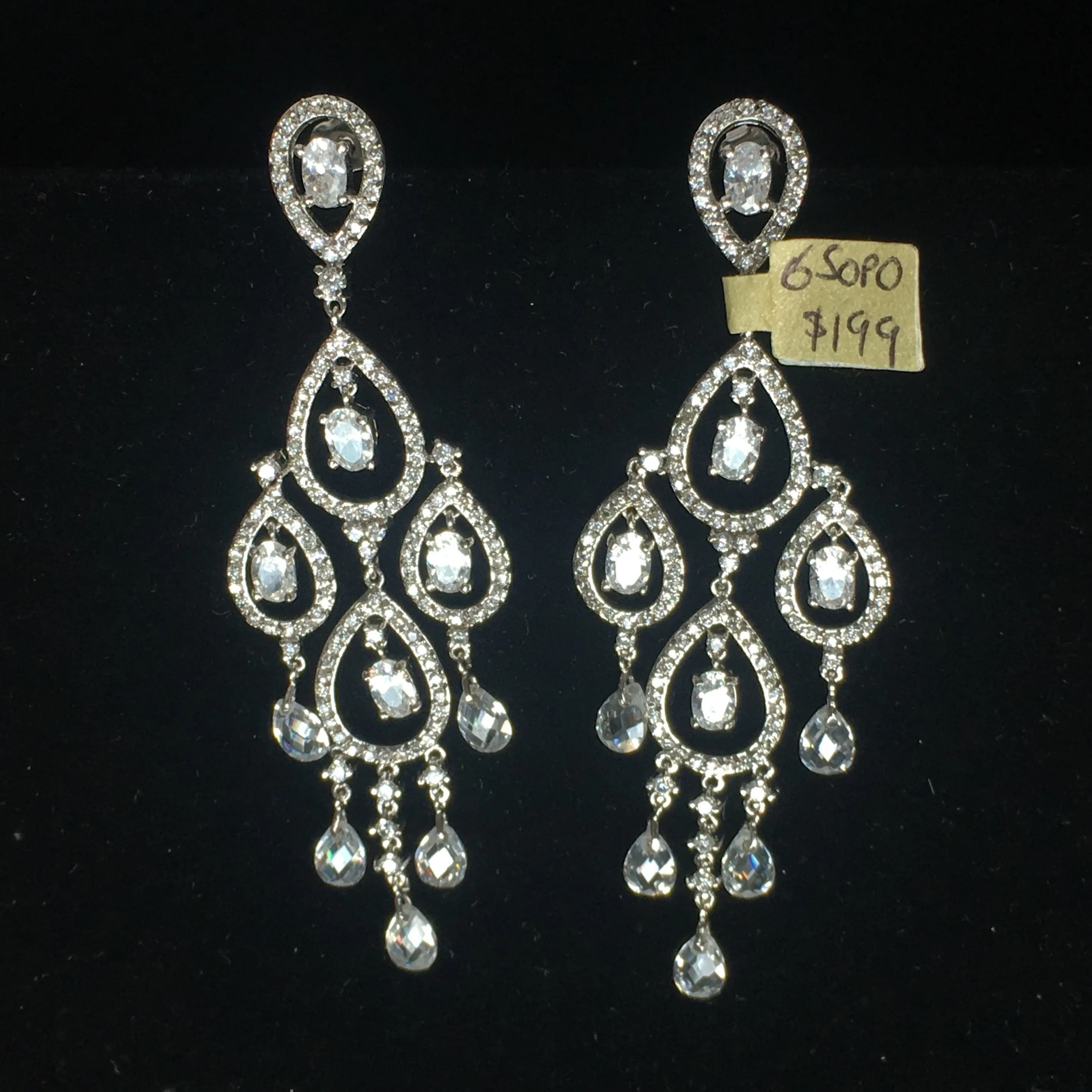 Rhodium Plated Chandelier Earrings with Dangling Oval and Pear Shaped CZs