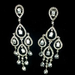 Rhodium Plated Chandelier Earrings with Dangling Oval and Pear Shaped CZs