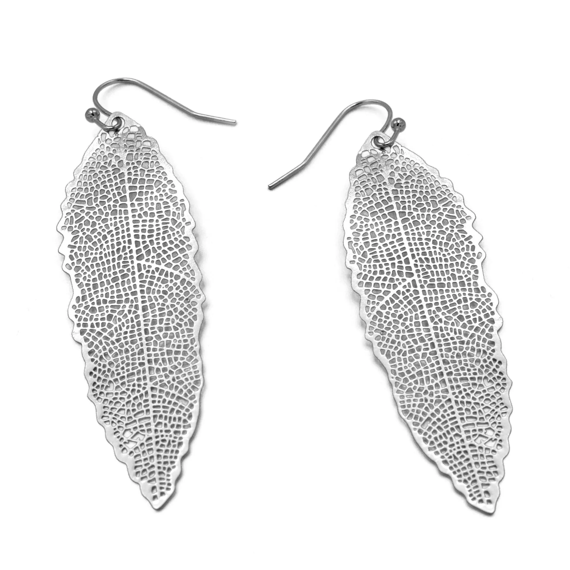 RHODIUM THIN LEAF DROP EARRINGS #HNE90713RD (GF10)