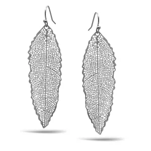 RHODIUM THIN LEAF DROP EARRINGS #HNE90713RD (GF10)
