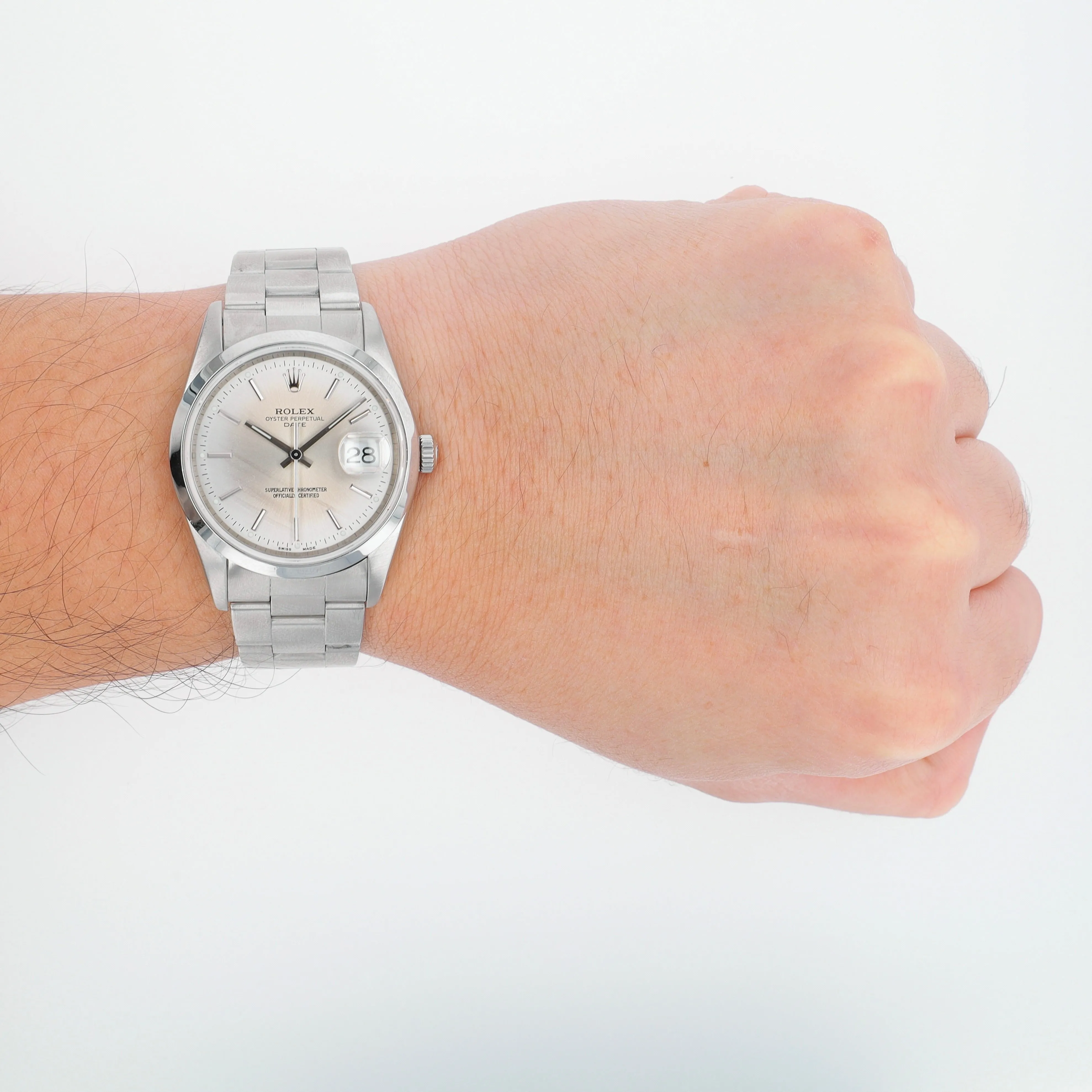 Rolex Date 15200 34mm Silver Index Dial Smooth Bezel Oyster Band