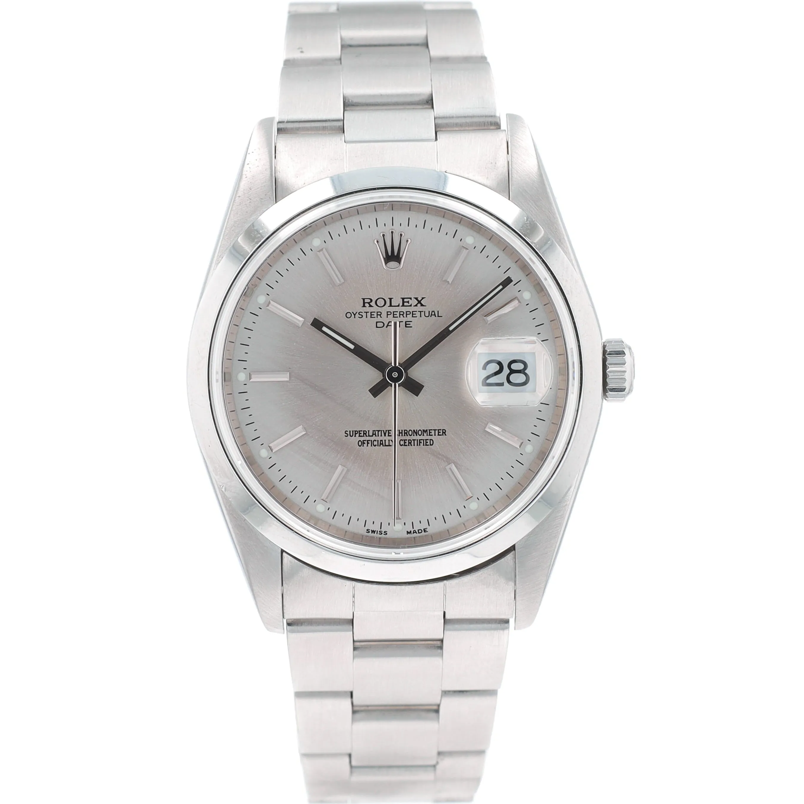 Rolex Date 15200 34mm Silver Index Dial Smooth Bezel Oyster Band